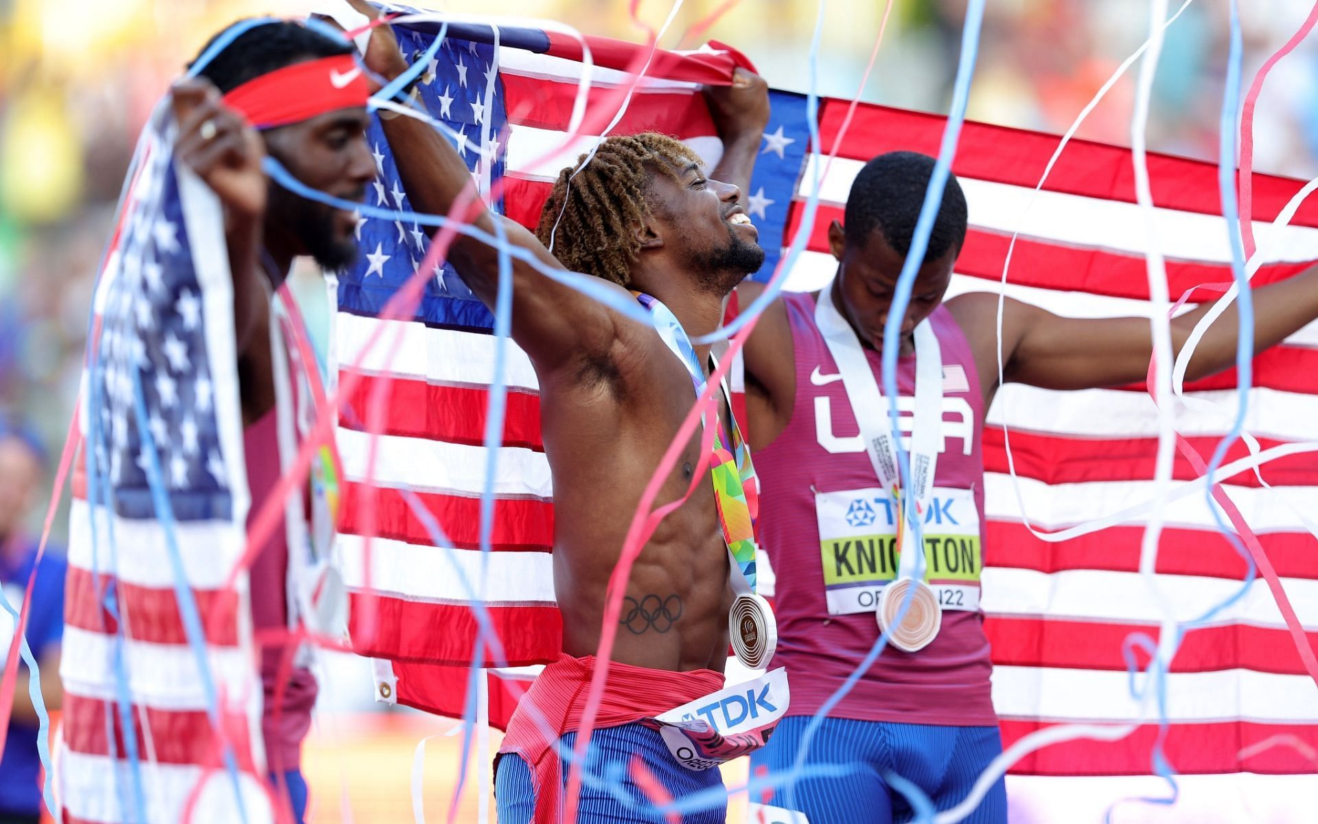 American 200m athletes celebrate at the World Athletics Championships 2022 (Image via World Athletics)