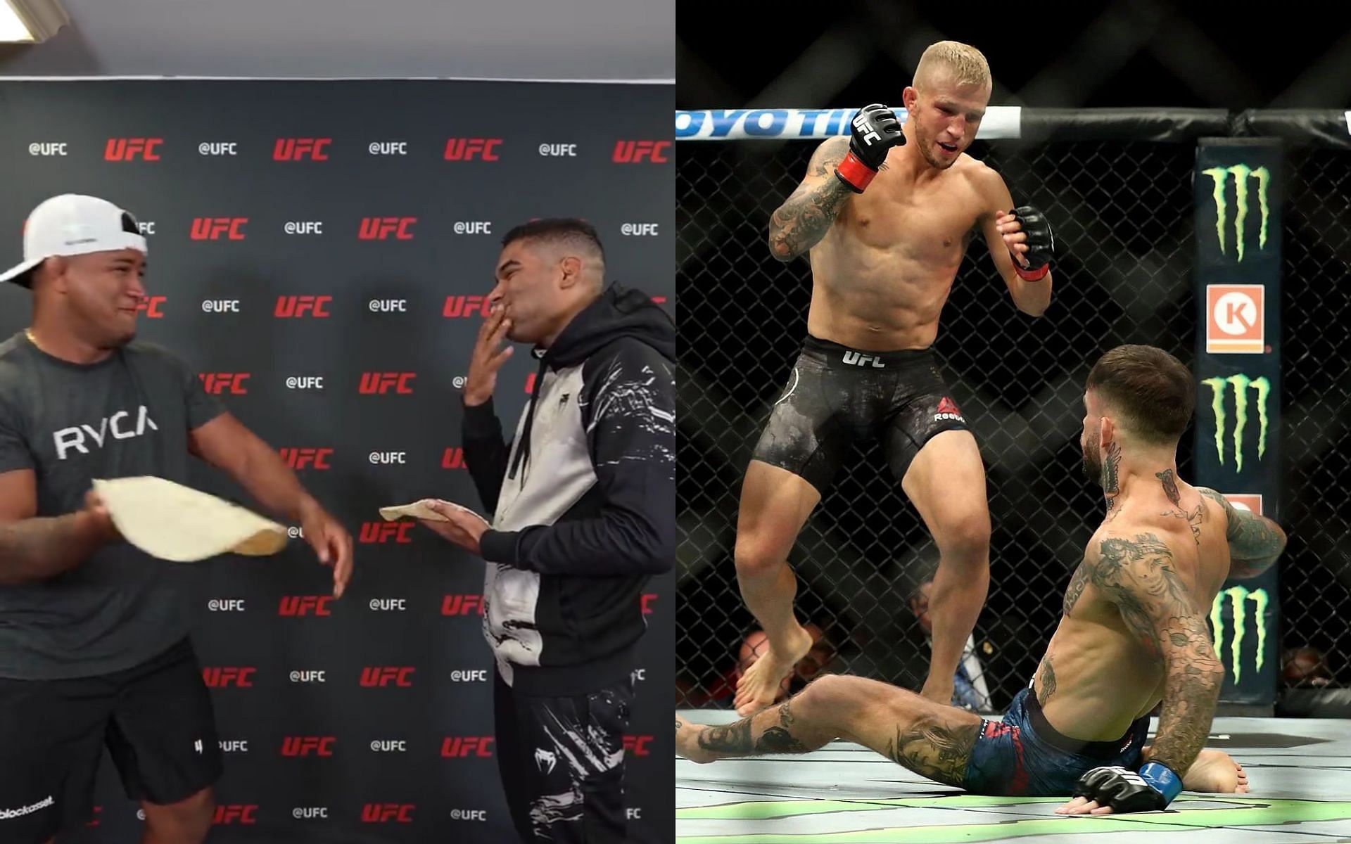 Gilbert Burns and Herbert Burns playing Tortilla challenger (Left) and TJ Dillashaw knocking down Cody Garbrandt (Right) (Images courtesy of @ufc Twitter and Getty)
