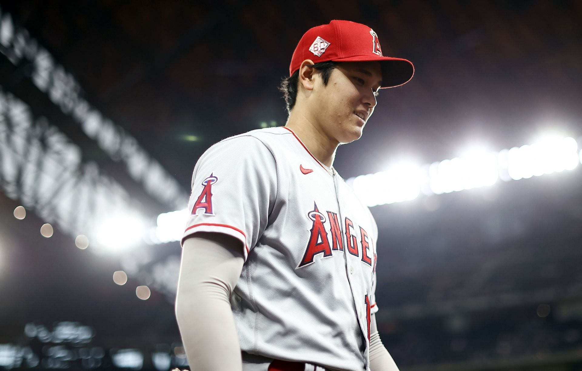 Shohei Ohtani on the field, Los Angeles Angels v Texas Rangers