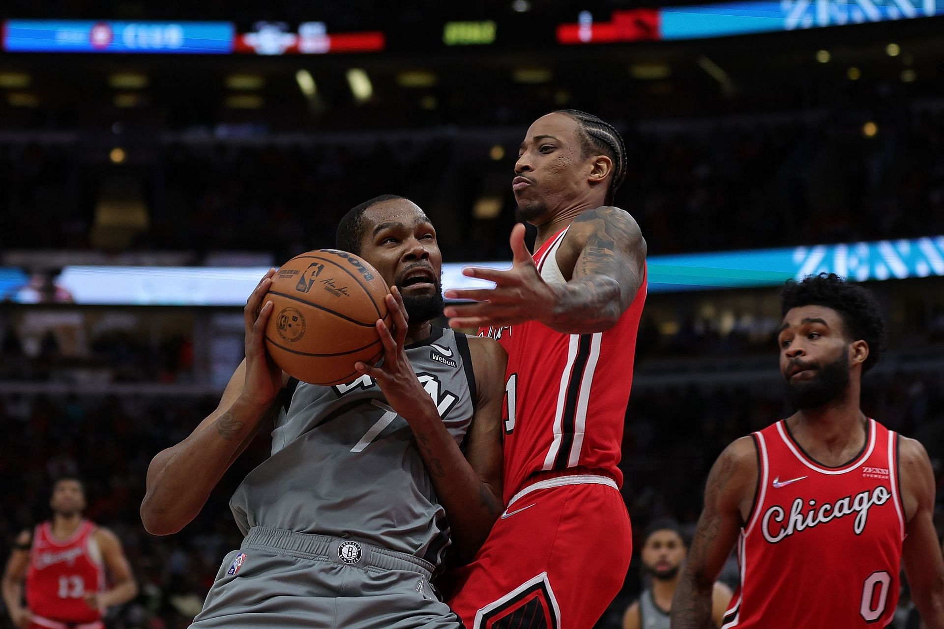 Kevin Durant of the Brooklyn Nets and DeMar DeRozan of the Chicago Bulls