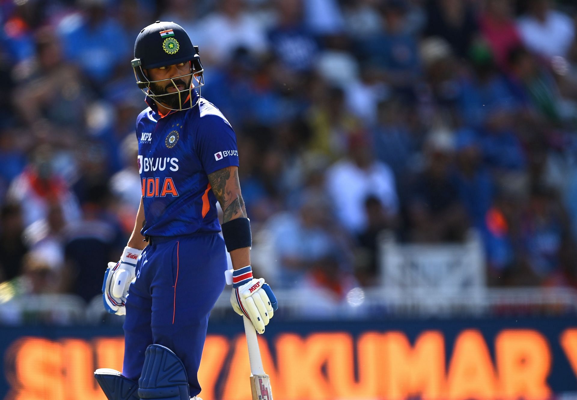 A disappointed Virat Kohli departs for 11 in the third T20I against England on Sunday, July 10. (P.C.:Getty)