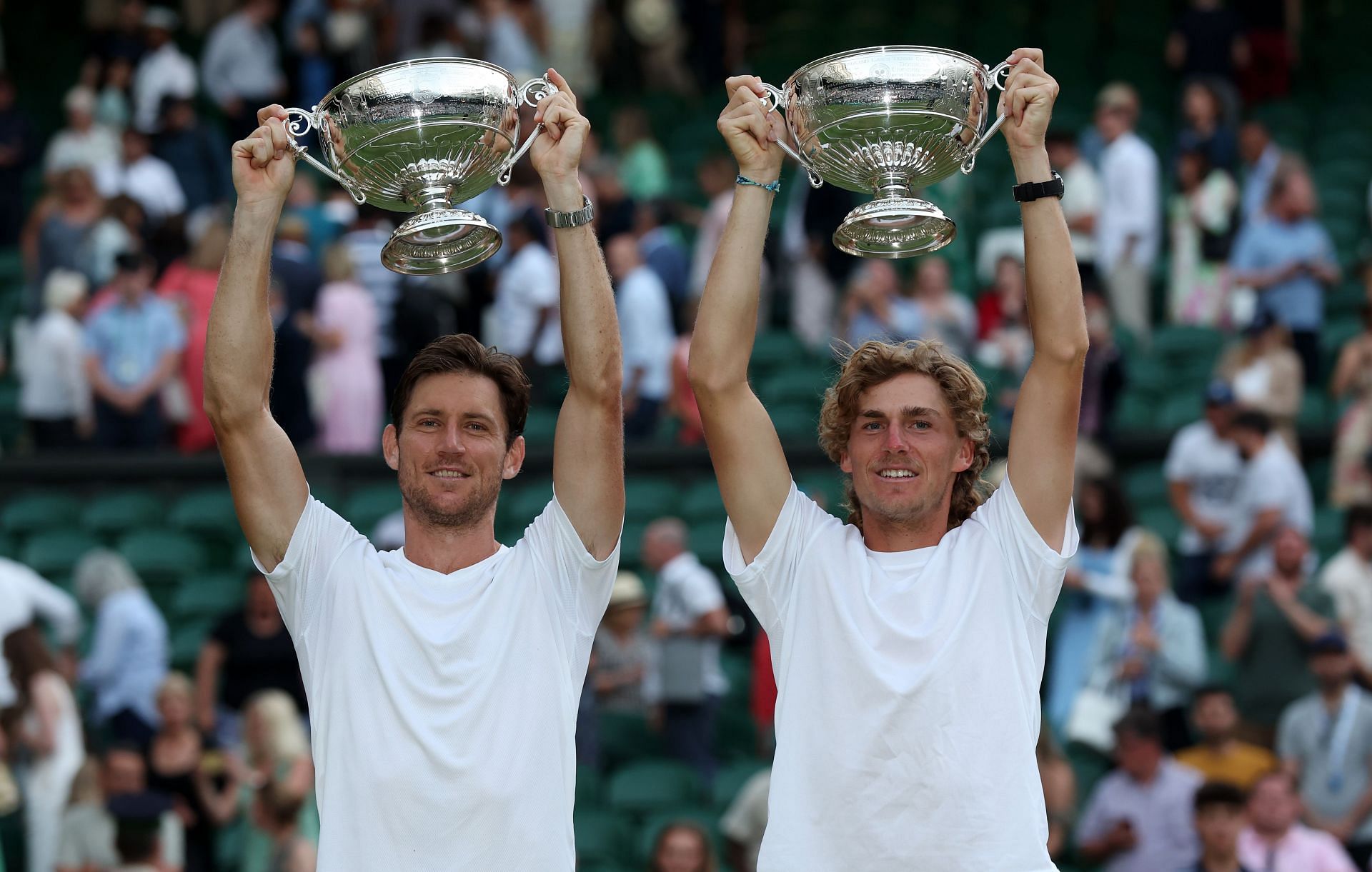 Matthew Ebden and Max Purcell with the 2022 Wimbledon men&#039;s doubles trophy