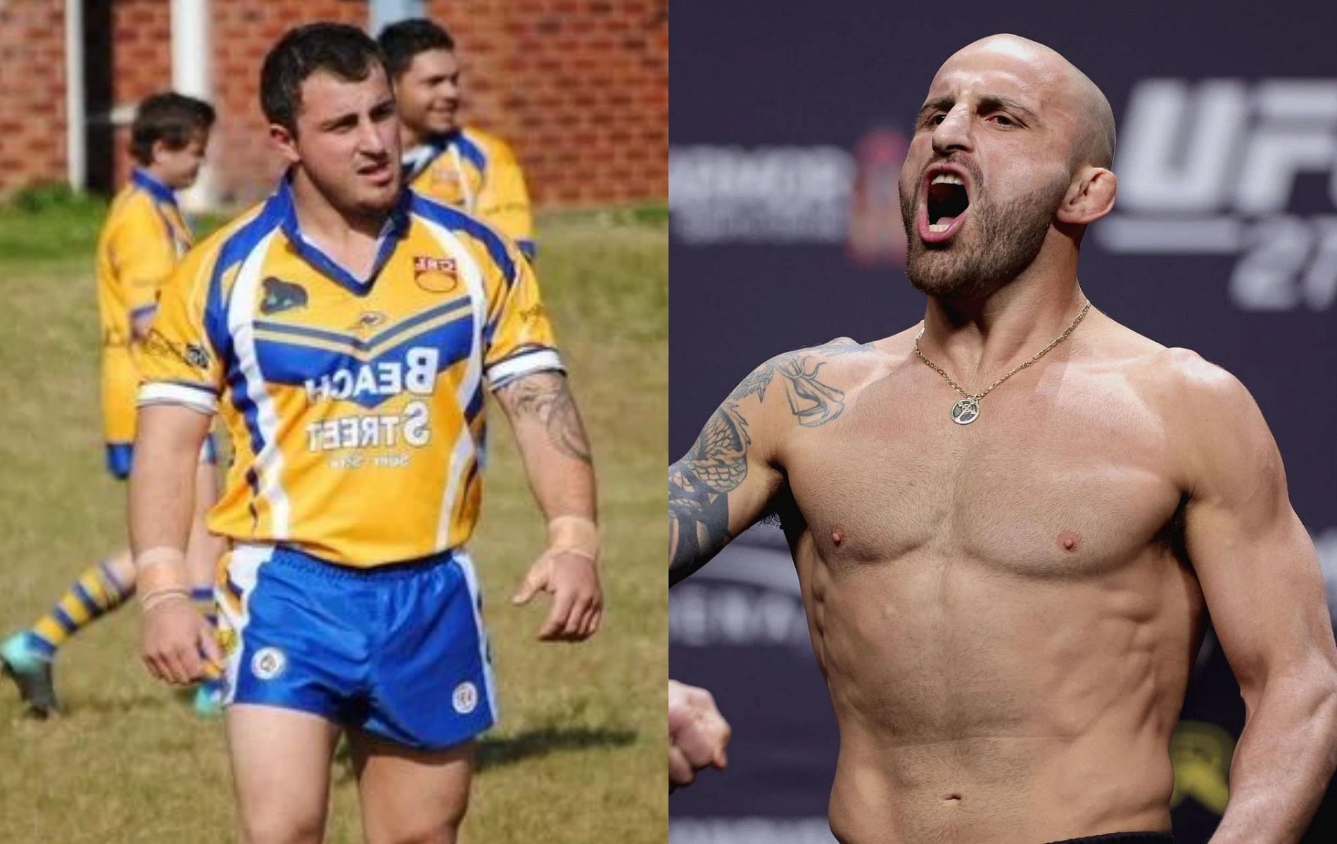 Alexander Volkanovski during his rugby days (left) and at a UFC weigh-in (right) [Image Credits- @mma_kings on Twitter]