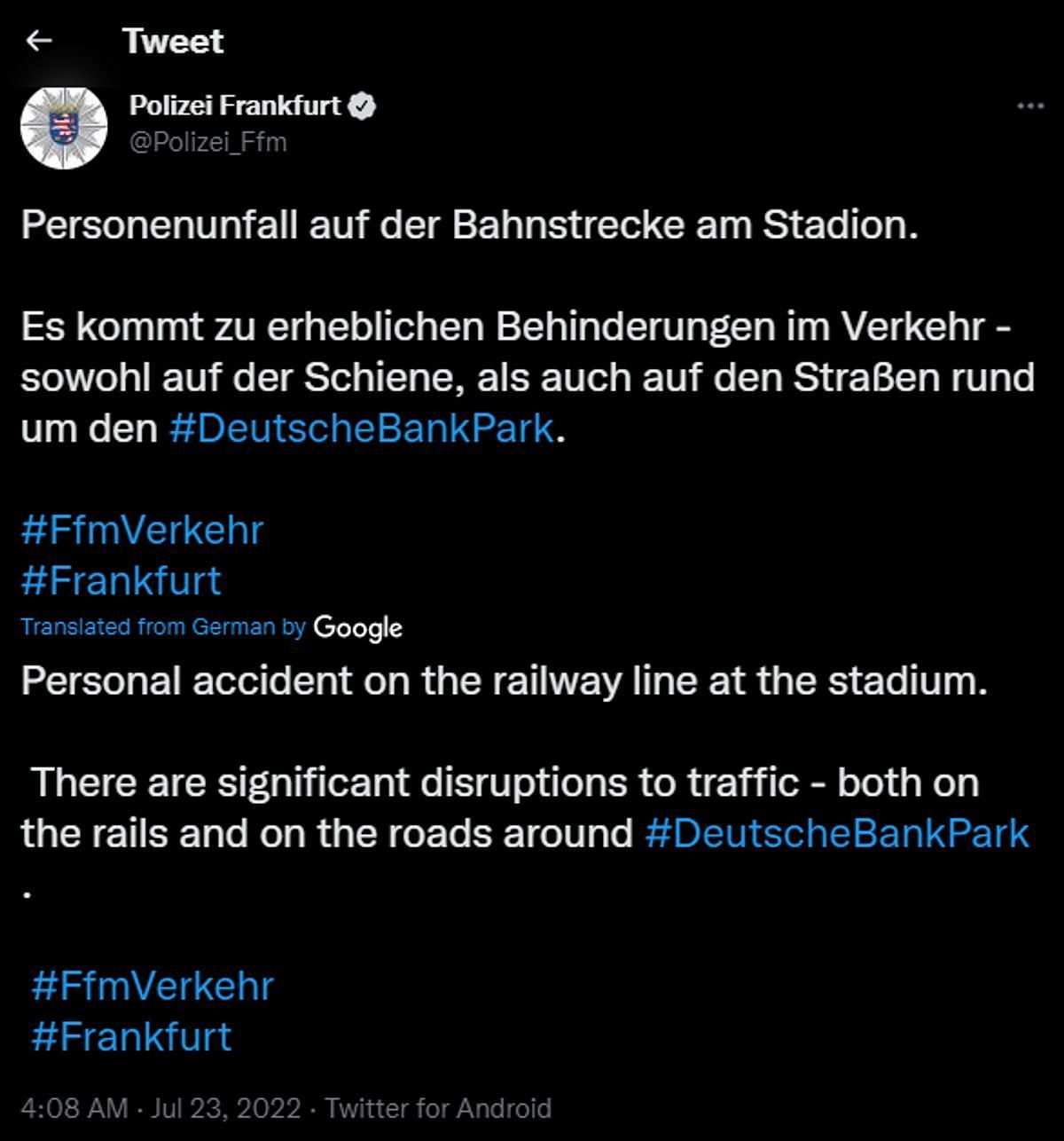 An informative tweet about the accident from the official handle of Frankfurt&#039;s police. (Image via Twitter/Polizei Frankfurt)