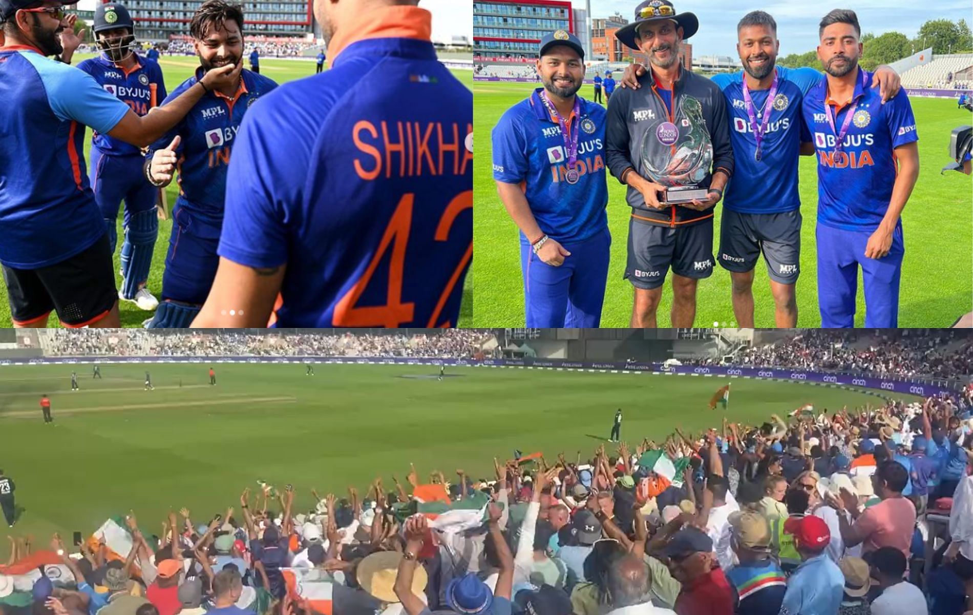 (Above) Team India members celebrate after the ODI series win; (Below) The crowd in Manchester react to the Men in Blue&rsquo;s triumph.
