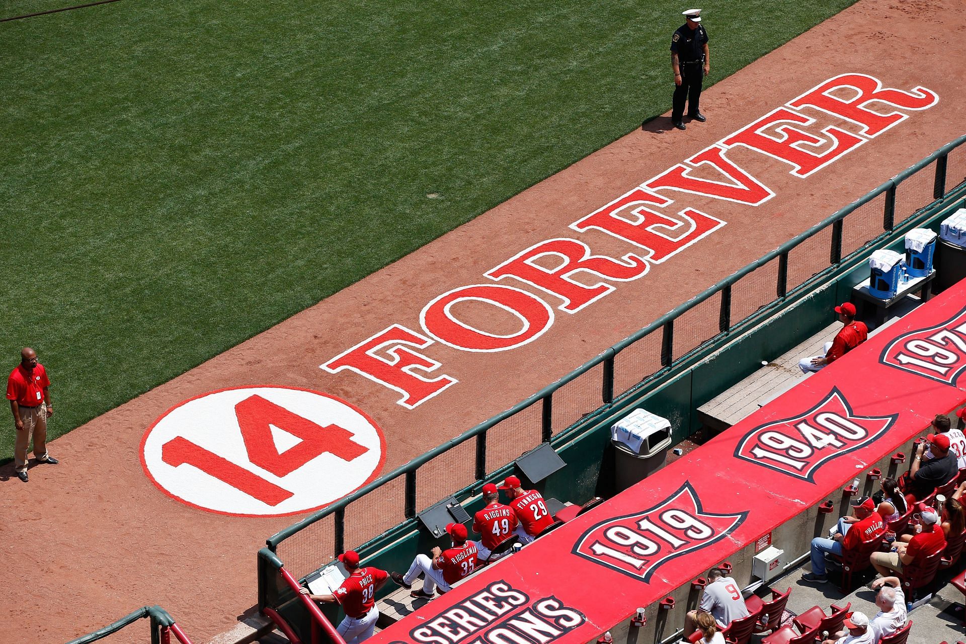 View of field signage honoring former Cincinnati Reds player Pete Rose during a game in Cincinnati.