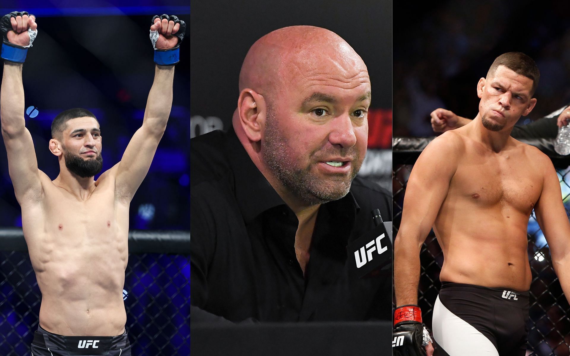 Khamzat Chimaev (left), Dana White (center), and Nate Diaz (right).