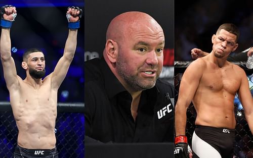 Khamzat Chimaev (left), Dana White (center), and Nate Diaz (right).