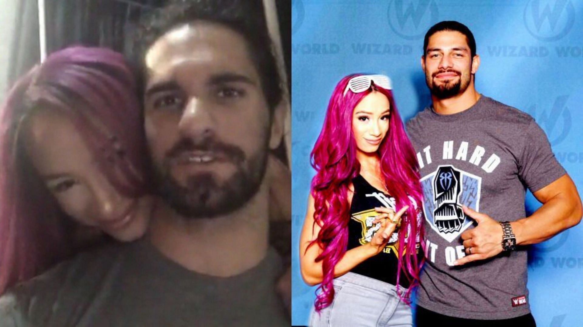 Sasha Banks with Seth Rollins (left) and with Roman Reigns (right)