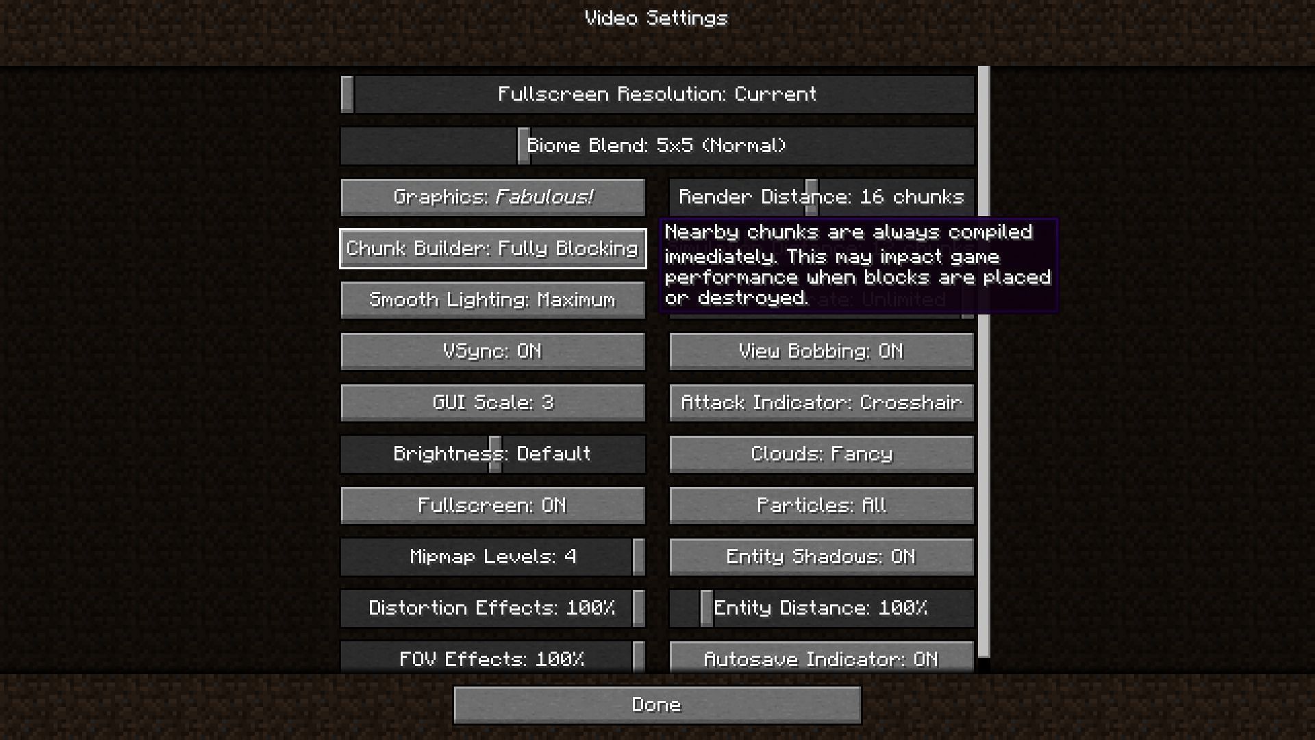 The Fully-Blocking chunk builder option and in game description (Image via Minecraft)