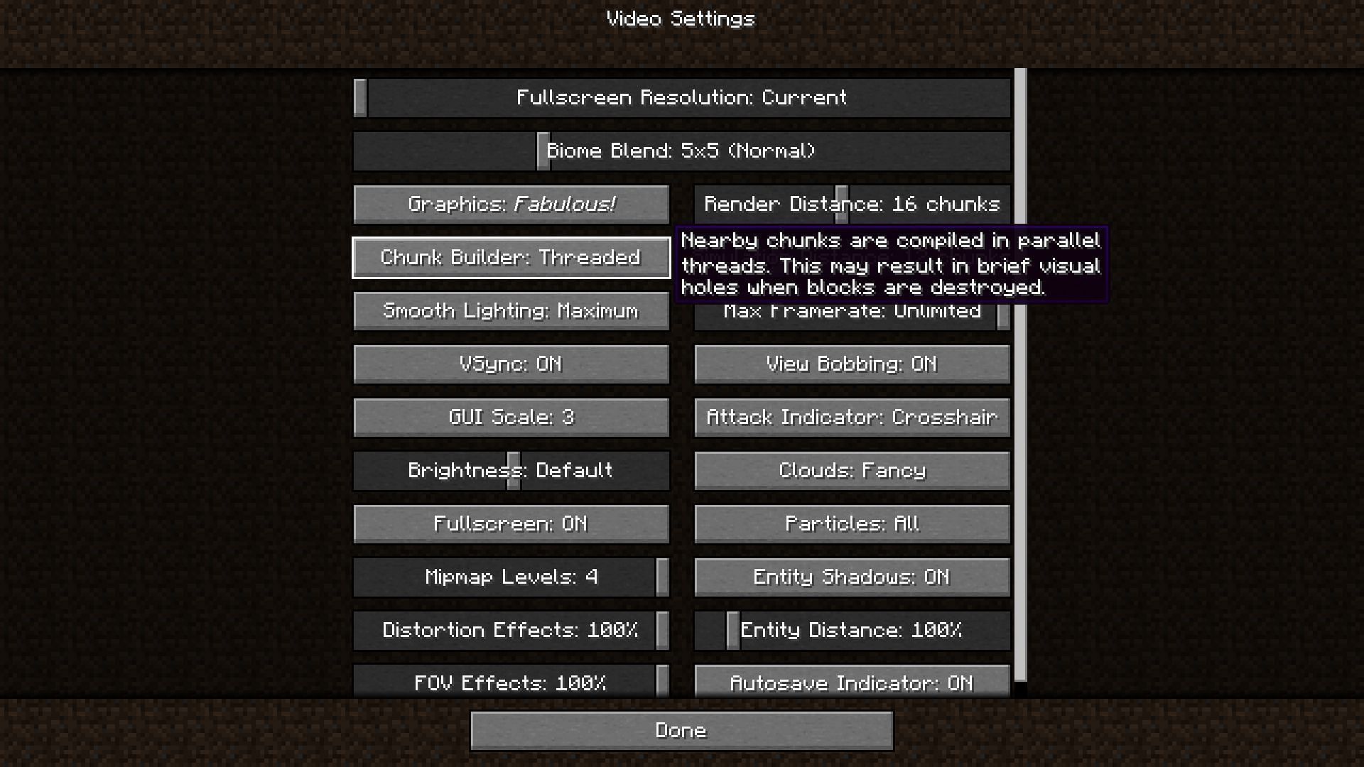 The threaded chunk builder option and in game description (Image via Minecraft)