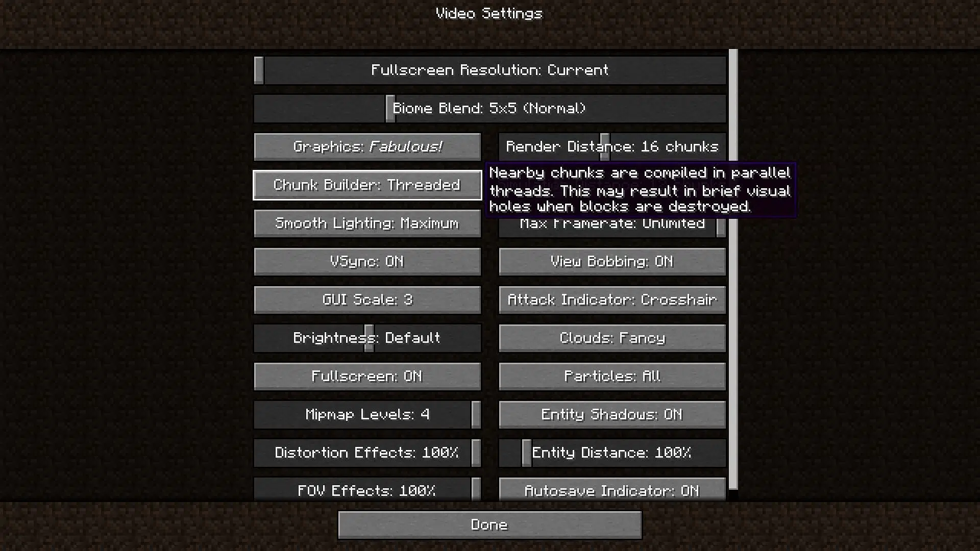 The threaded chunk builder option and in game description (Image via Minecraft)