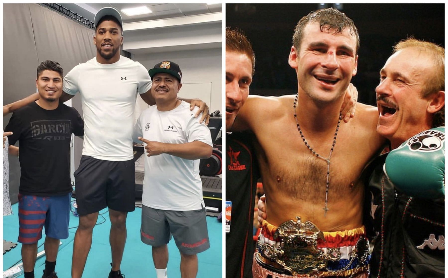 Mikey Garcia, Anthony Joshua and Robert Garcia (left), Joe Calzaghe (right) - Images via @anthonyjoshua and @joe_calzaghe on Instagram
