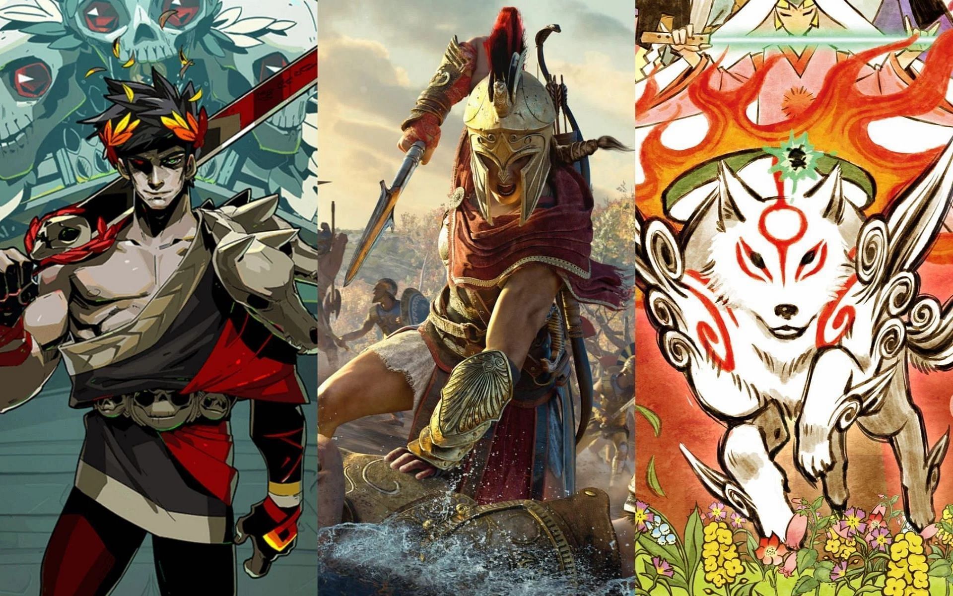 Many video games have successfully taken a unique approach to mythology (Images via Hades, Assassin&#039;s Creed, and Okami)