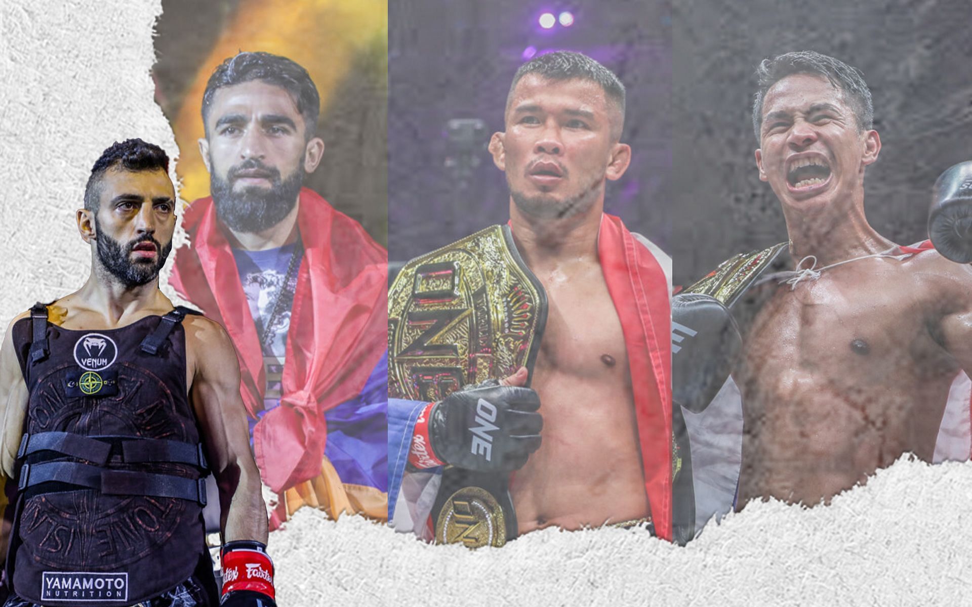 Giorgio Petrosyan (L) could have dream matchups with Marat Grigorian (2nd from L), Nong-O Gaiyanghadao (2nd from R), or Superbon Singha Mawynn (R). | [Photos: ONE Championship]
