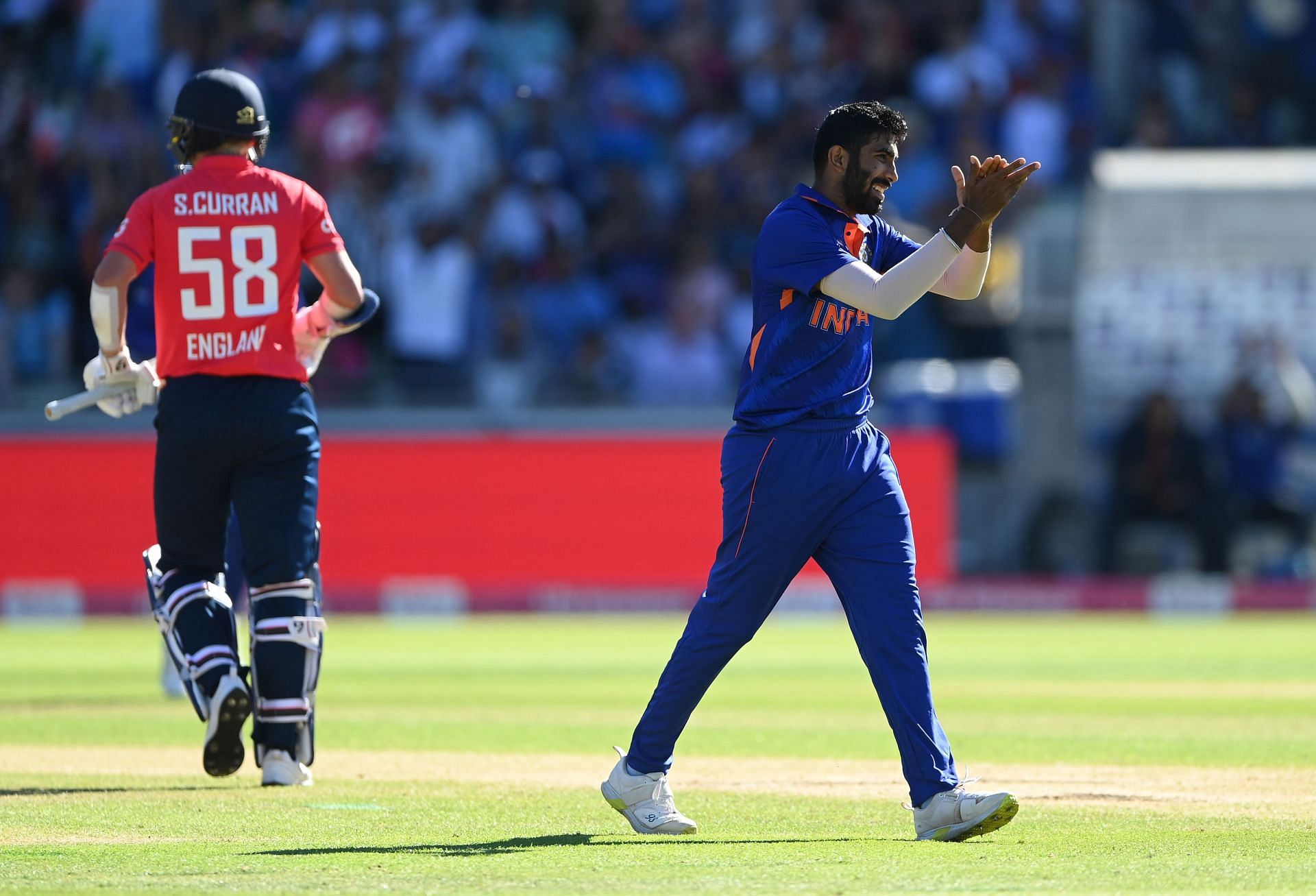 Bumrah bowled the ninth maiden over of his T20I career in Birmingham today (Image: Getty).