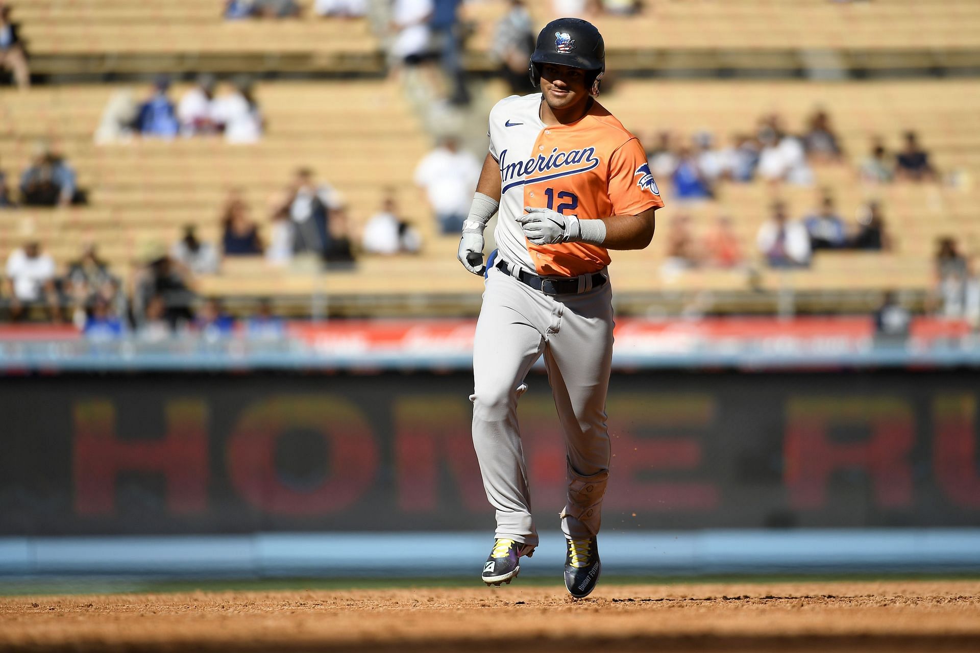 Jasson Dominguez of the American League rounds the bases after hitting a two-run homer in the third inning during the 2022 All-Star Futures Game.