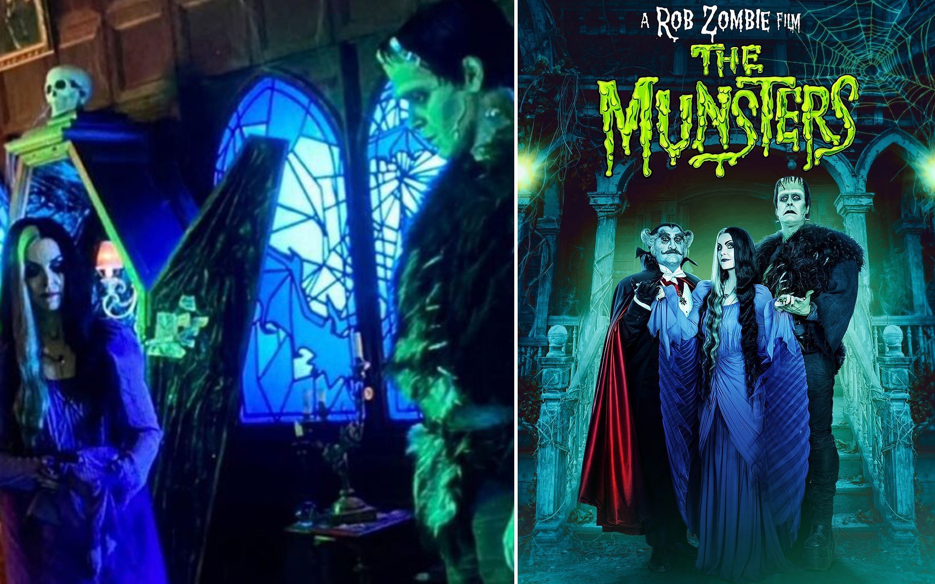 A still from The Munsters and the official poster of the Rob Zombie movie (Images via Rob Zombie and Wikipedia)