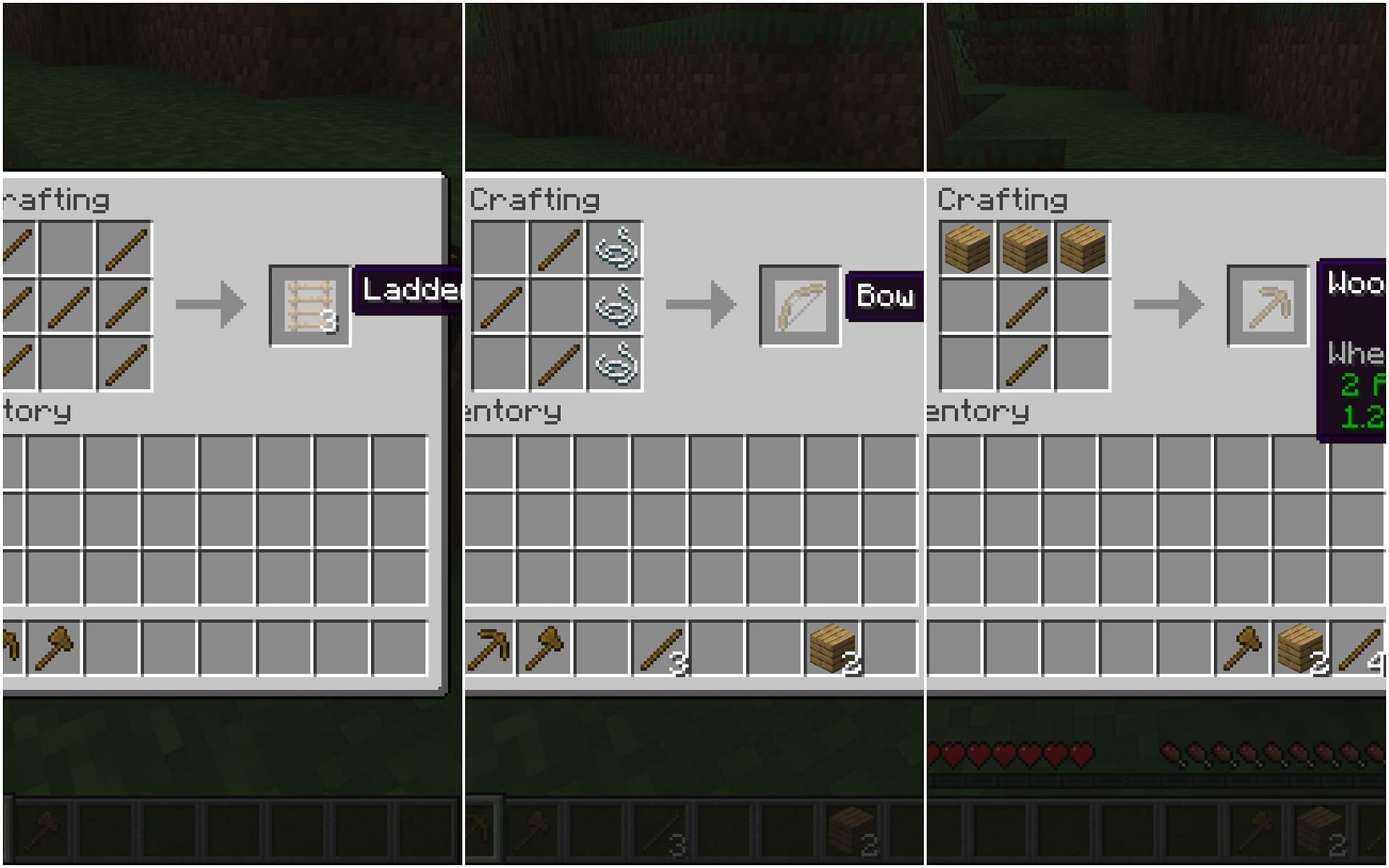 Some crafting recipes that require sticks (Image via Minecraft 1.19 update)