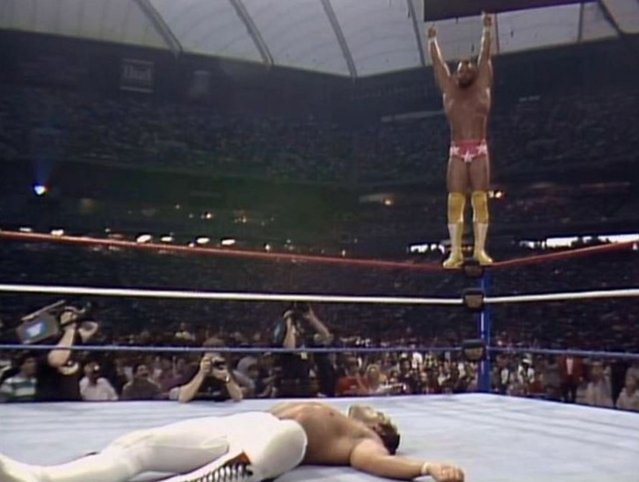 Ricky Steamboat suffers a crushed larynx at the hands of Randy Savage