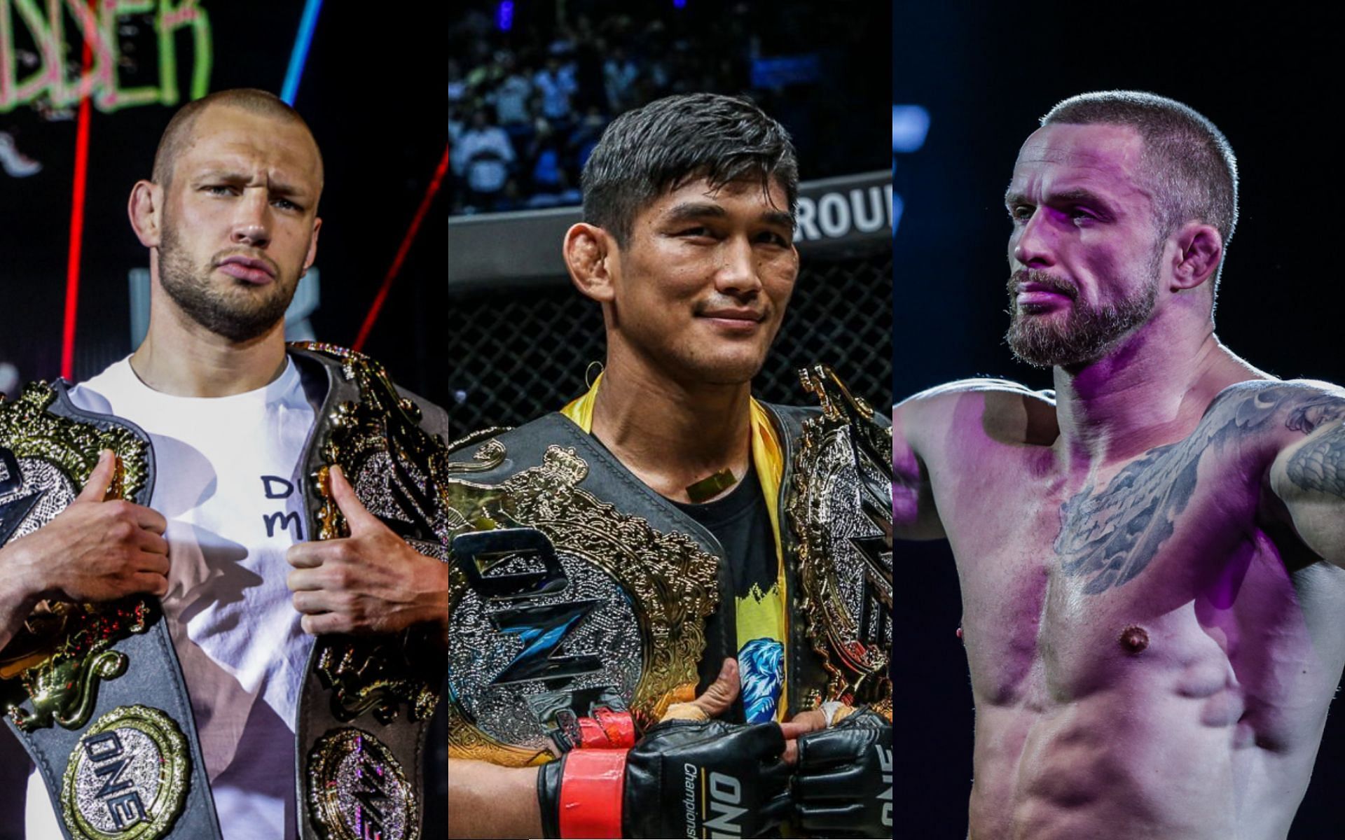 From left to right: Reinier De Ridder, Aung La N Sang, Vitaly Bigdash. [Photos ONE Championship]