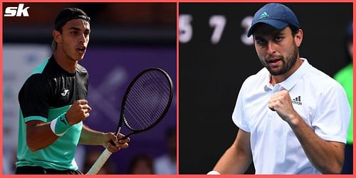 Francisco Cerundolo (L) takes on Aslan Karatsev in the quarterfinals of the Hamburg European Open