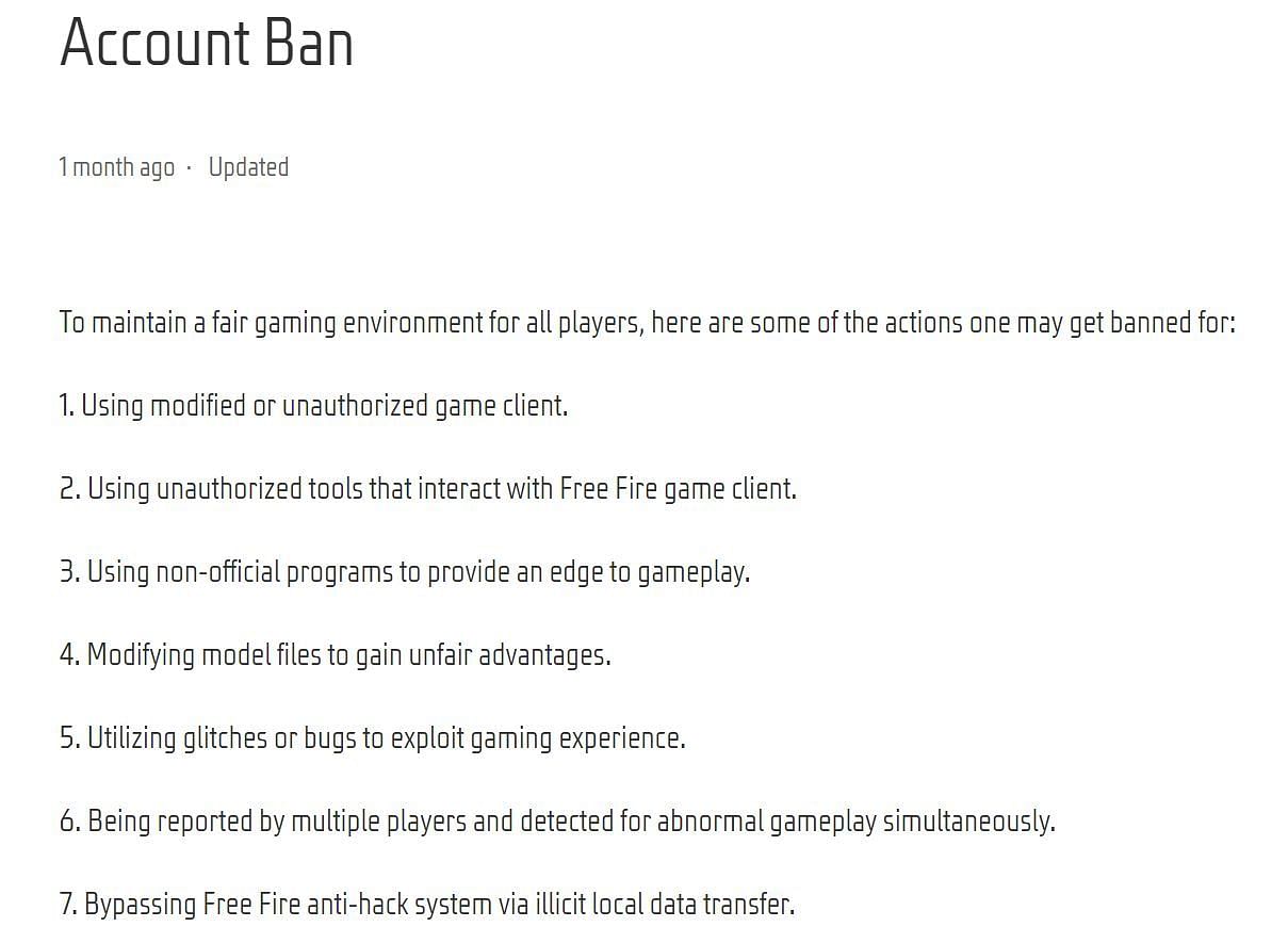 Reasons for which users can get banned (Image via Garena)