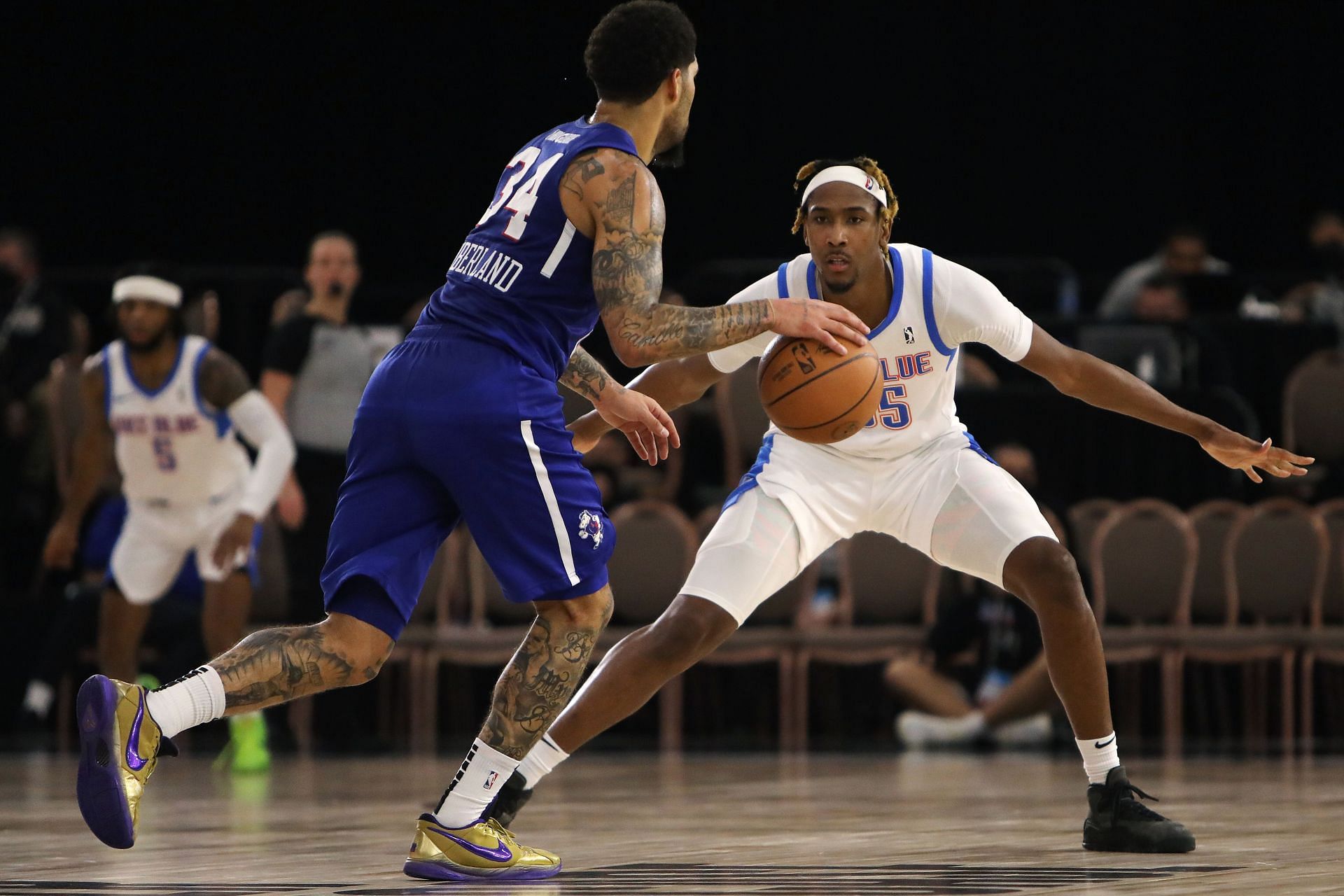 Melvin Frazier Jr. (#35) of the Oklahoma City Blue defends against the Delaware Blue Coats