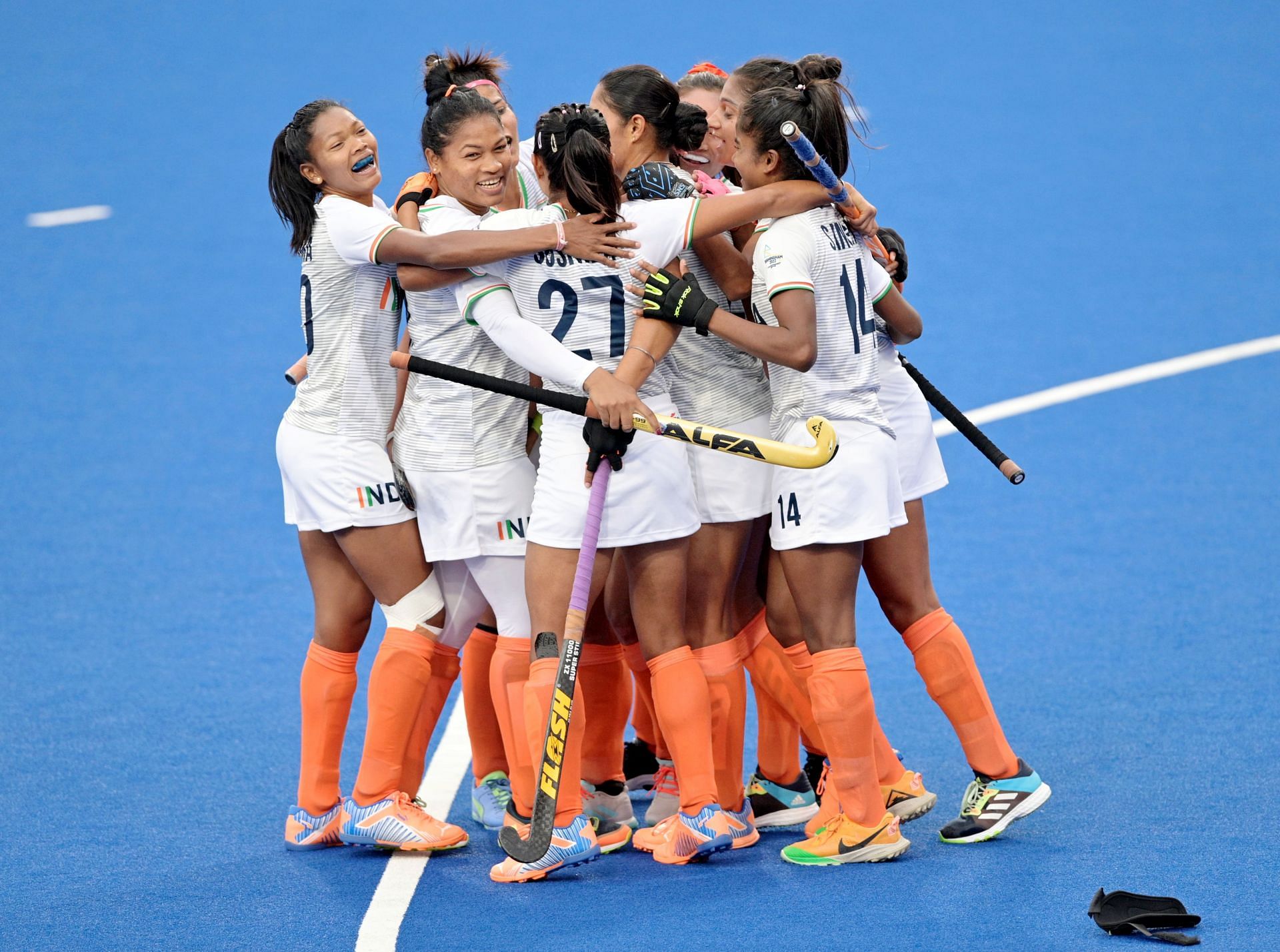 The Indian women&#039;s hockey team celebrate a goal against Wales. (PC: Hockey India)