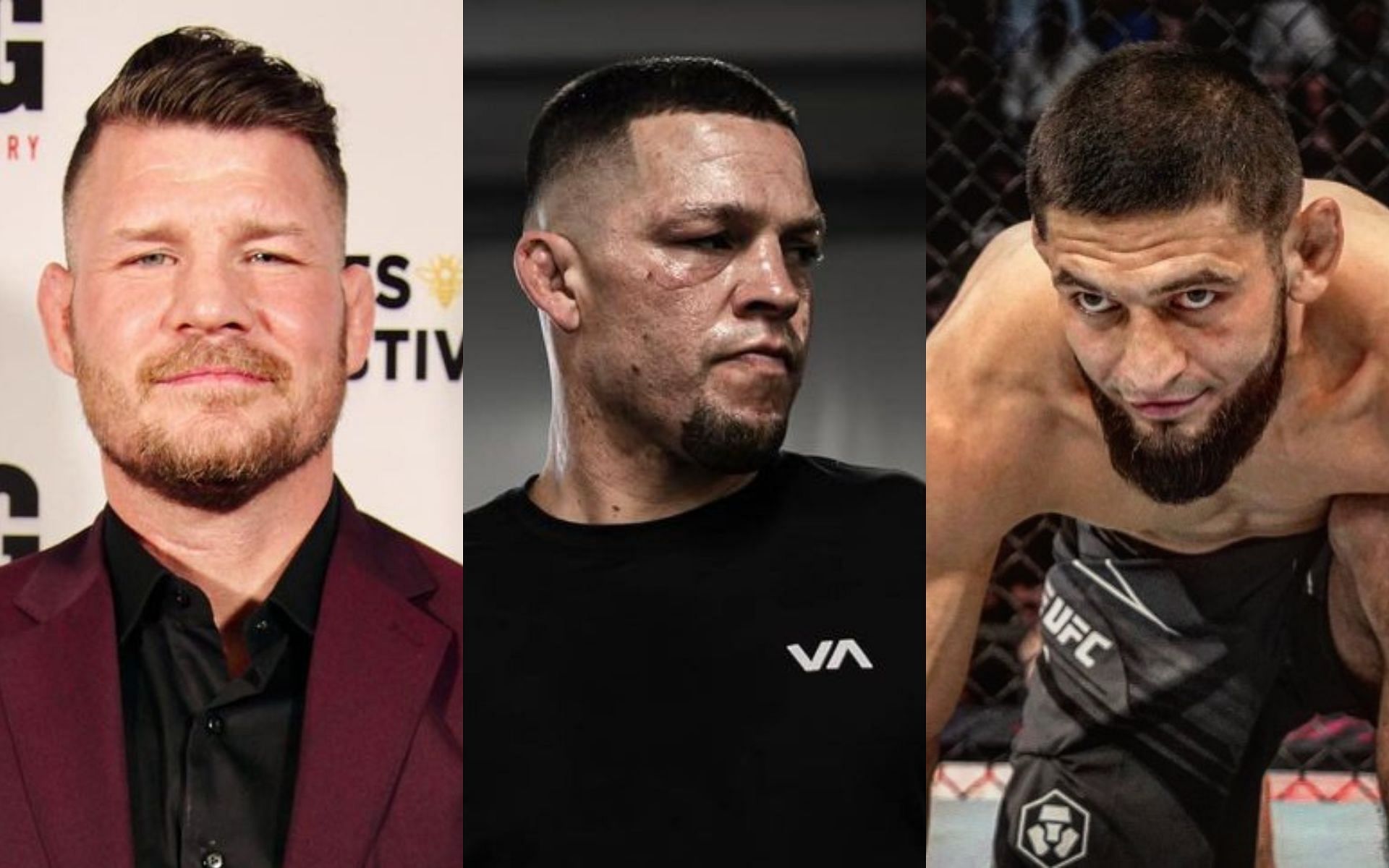 (L to R) Michael Bisping, Nate Diaz and Khamzat Chimaev (via @mikebisping, @natediaz209 and @khamzat_chimaev on Instagram)