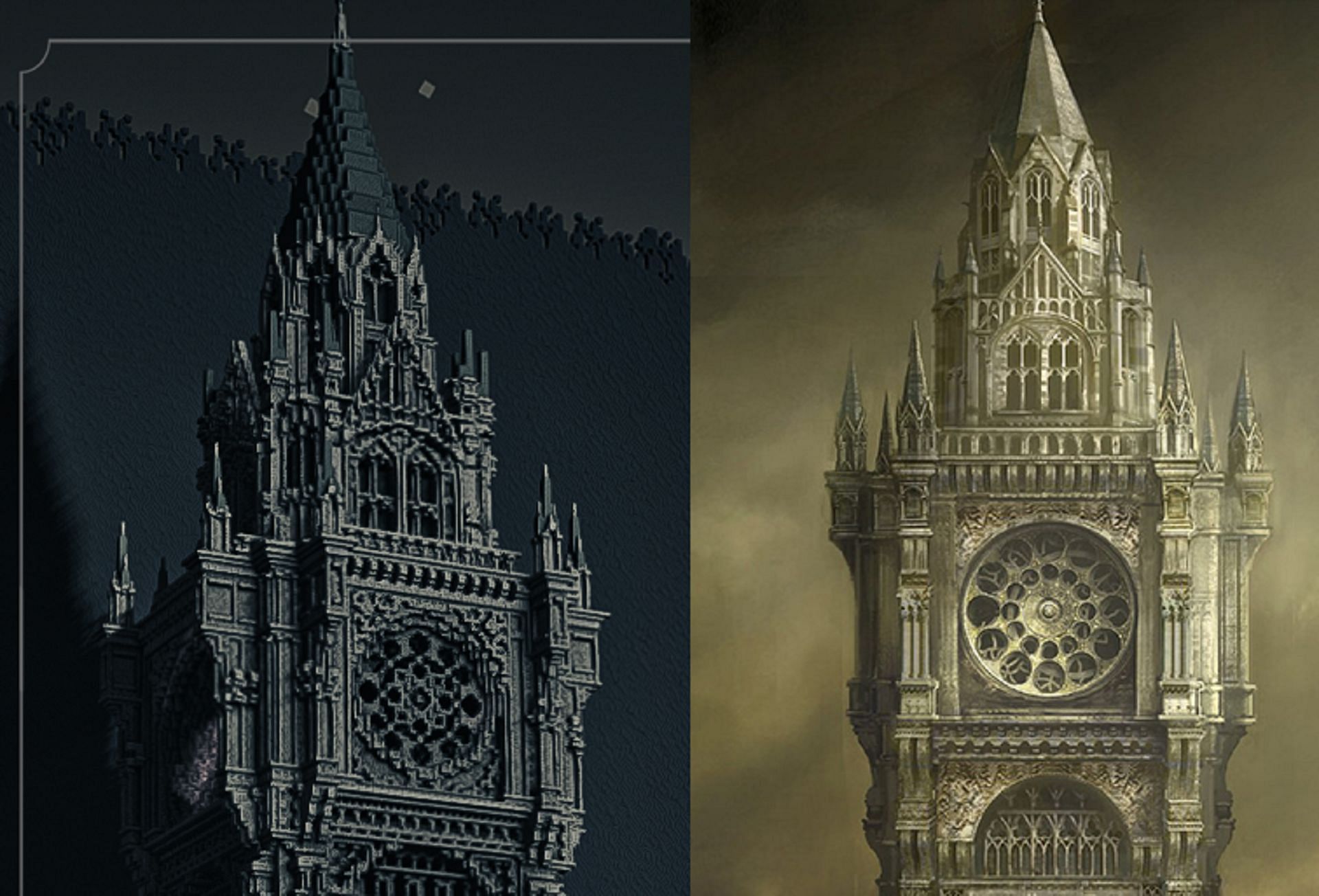 One of Yarnham&#039;s many clocktowers remade in Minecraft (Image via u/Parking_Price6980/Reddit)