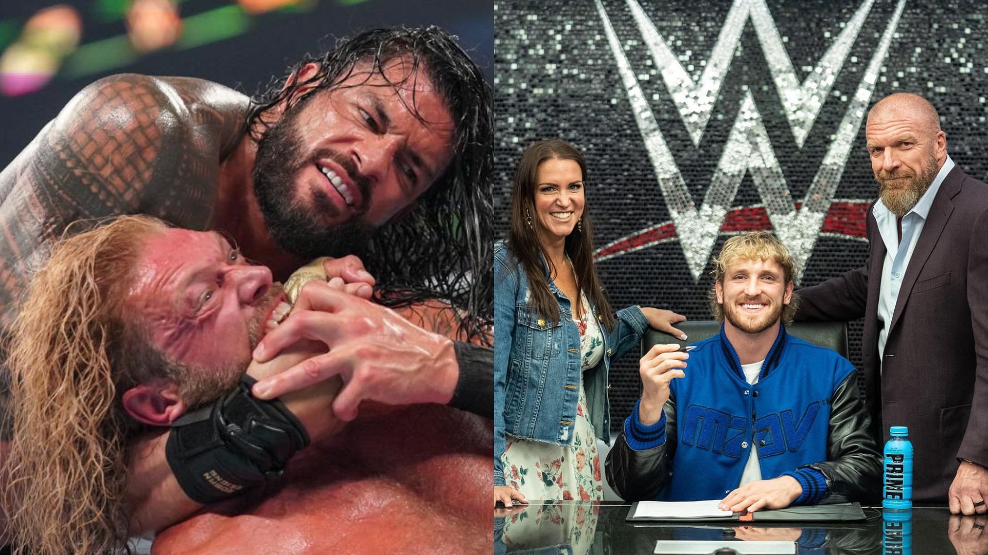 Roman Reigns (left) and Logan Paul (right)