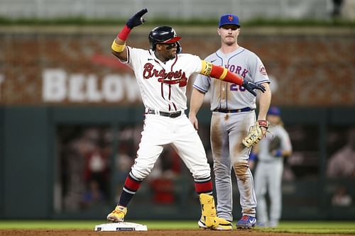 Ronald Acuna Jr. celebrates reaching first base, New York Mets v Atlanta Braves.