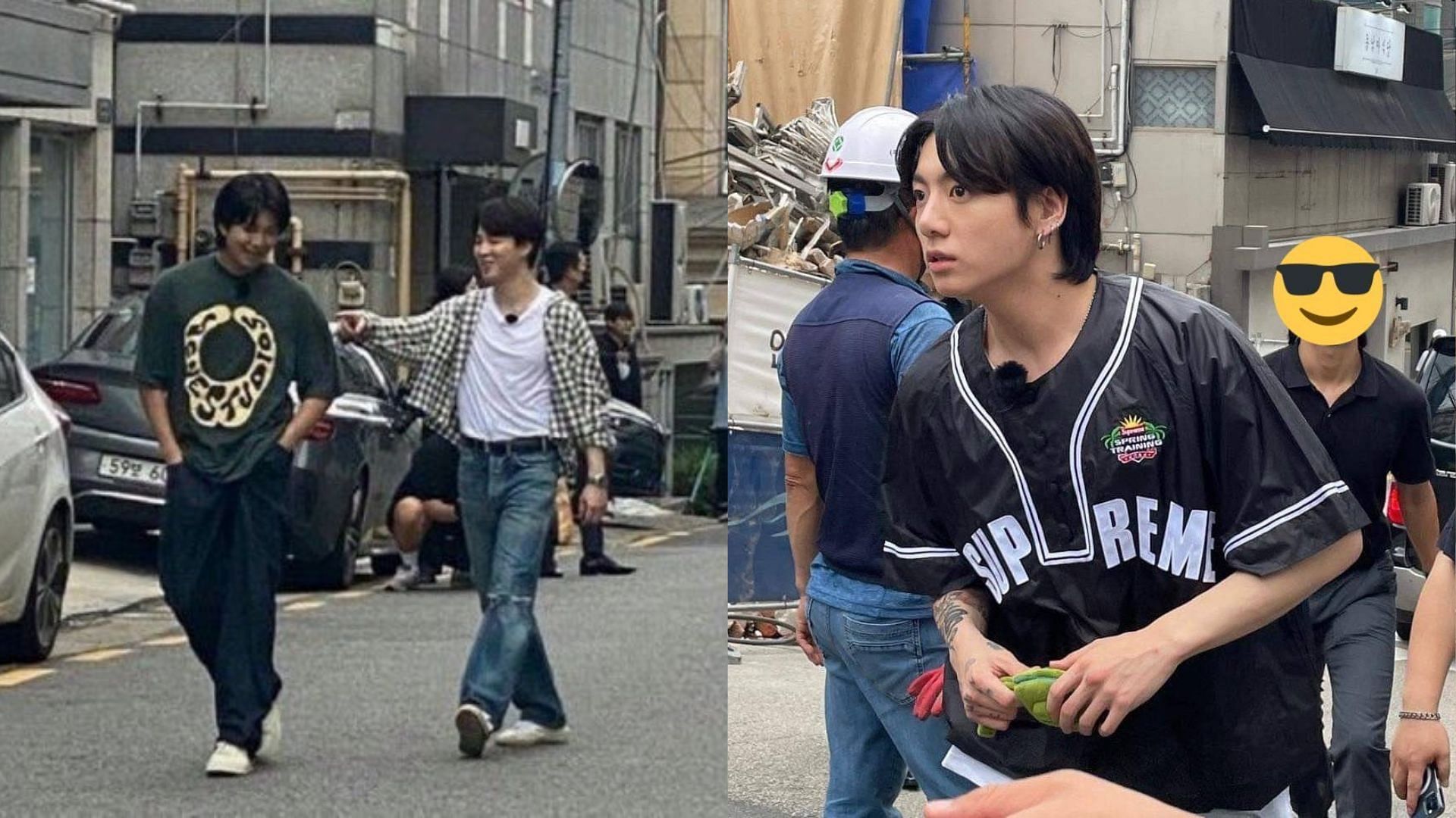 The Dynamite hit singers captured filming content in Seoul (Images via Twitter/@miidang and @613TB)