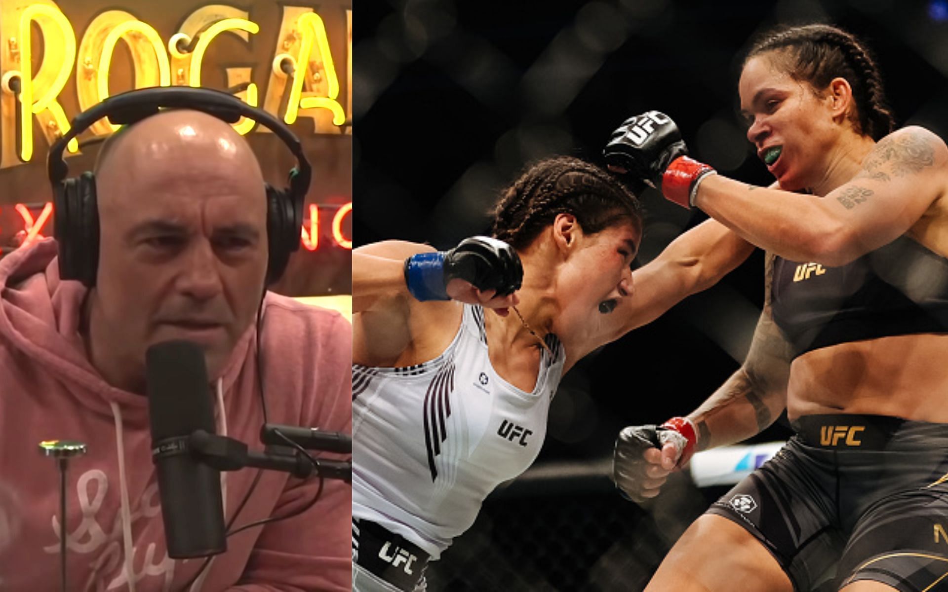 Joe Rogan (left), Julianna Pena vs Amanda Nunes (right) [Images courtesy: PowerfulJRE via YouTube and Getty]