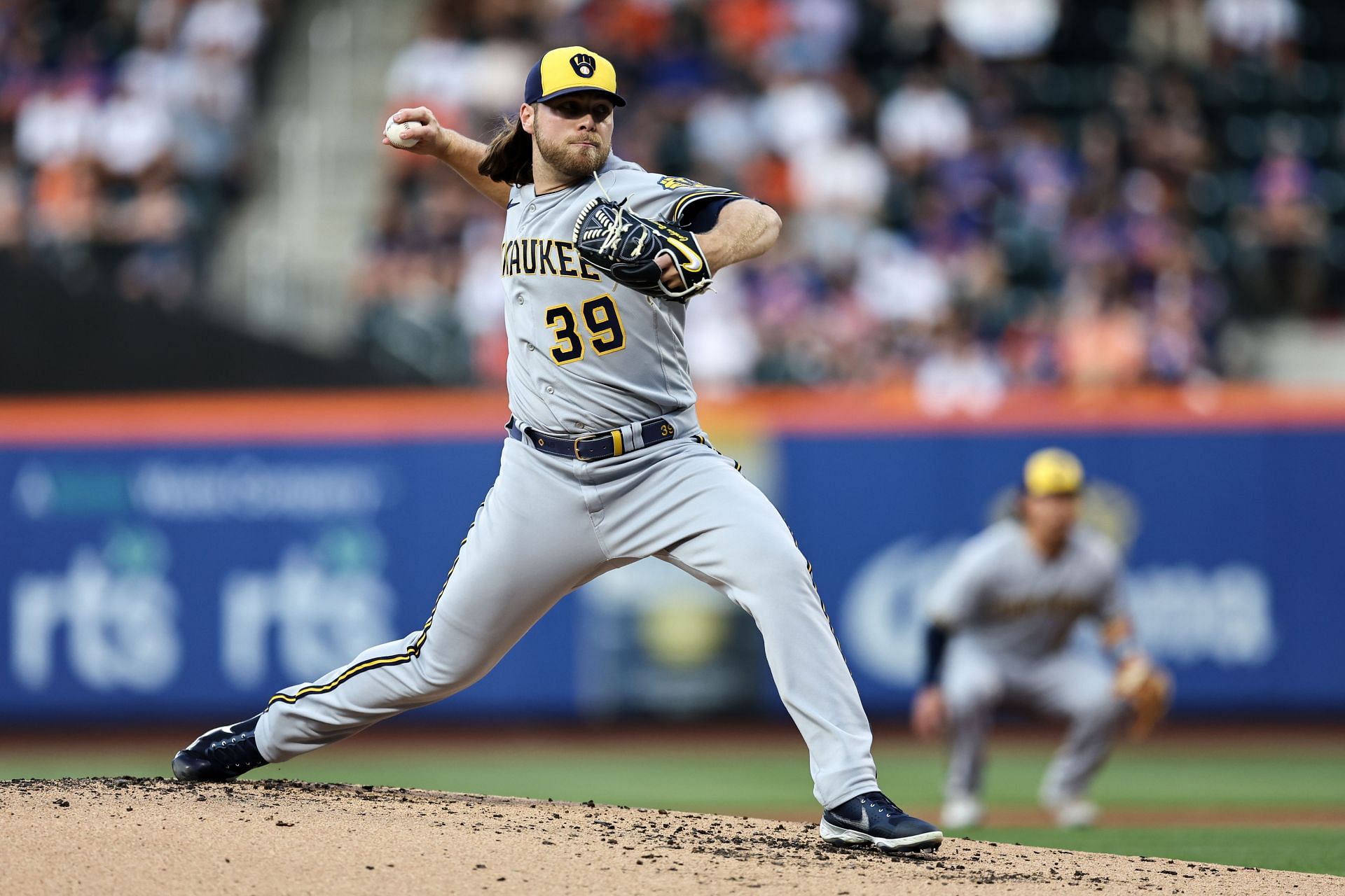 Milwaukee Brewer Corbin Burnes on the mound against the New York Mets