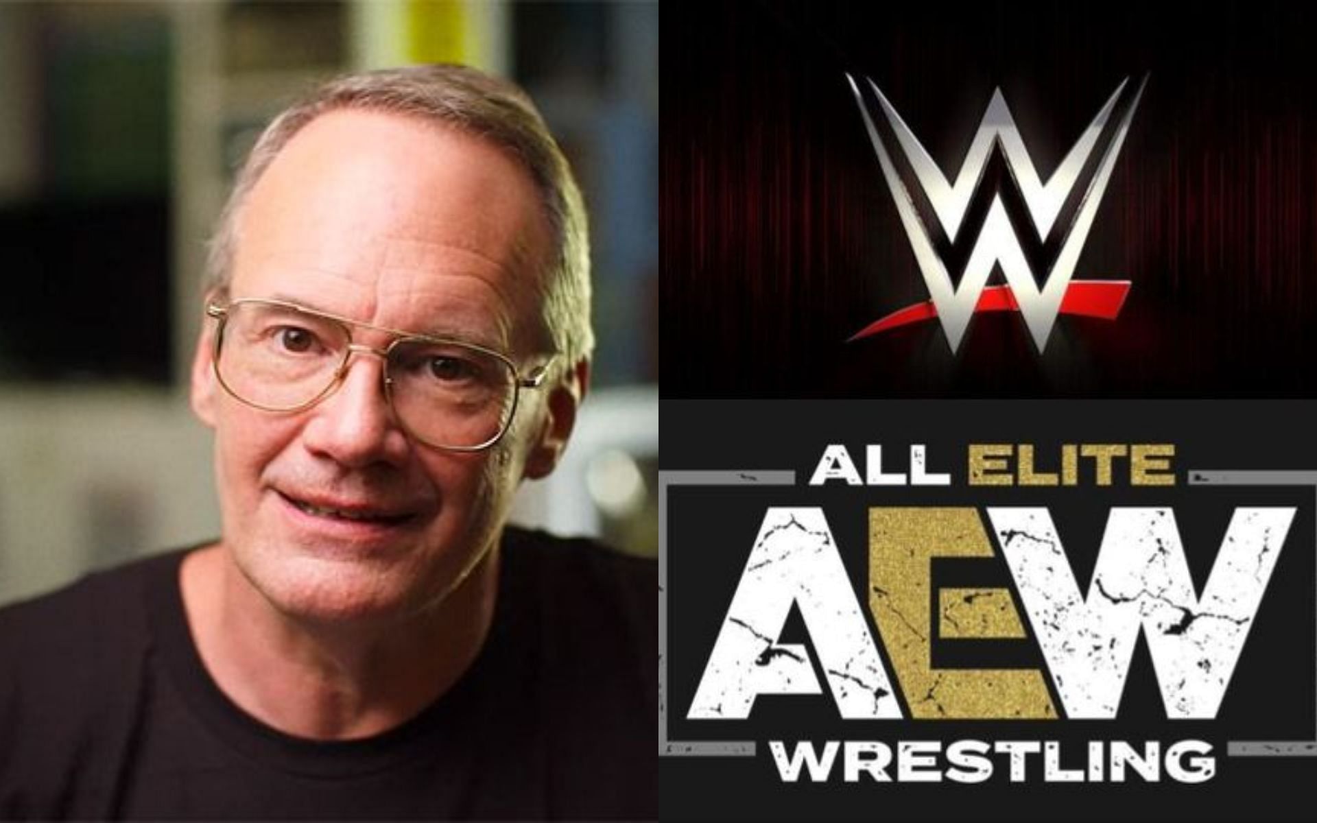 Jim Cornette (left) and AEW and WWE logos (right)