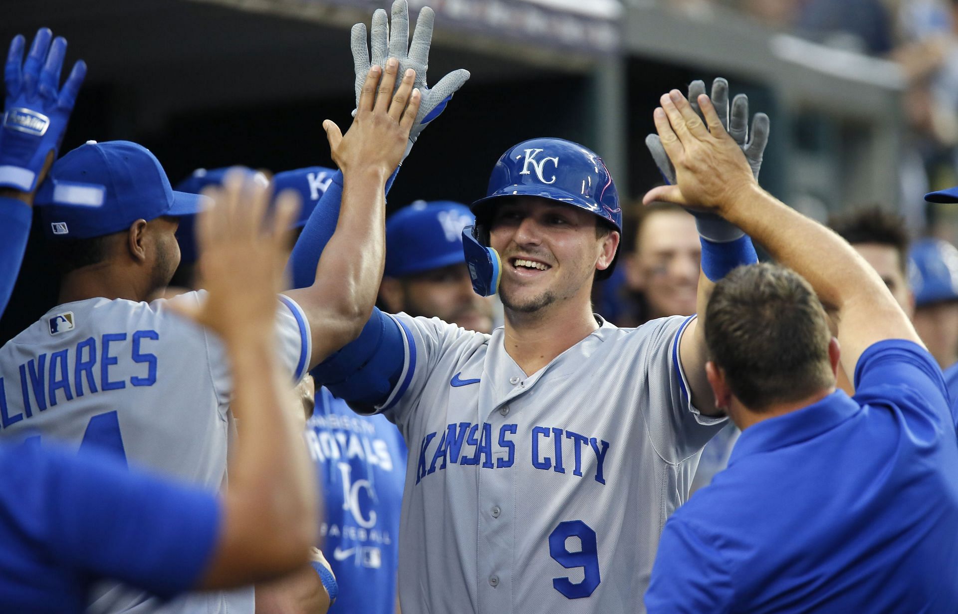 Vinnie Pasquantino celebrates a solo home run, Kansas City Royals v Detroit Tigers.