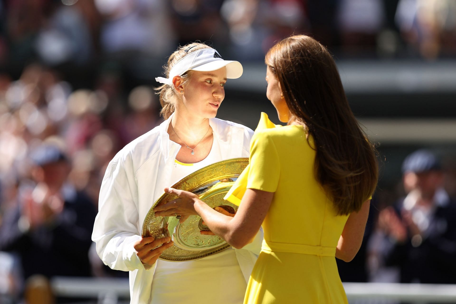 The Duchess of Cambridge presents the Venus Rosewater Dish to Wimbledon champion Elena Rybakina