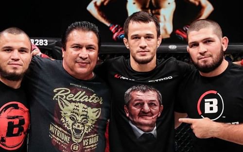 Usman Nurmagomedov (second from right) with Khabib Nurmagomedov (far right), Umar Nurmagomedov (left), and Javier Mendez (second from left) at Bellator 283 [Image courtesy of @usman_nurmagomedov on Instagram]