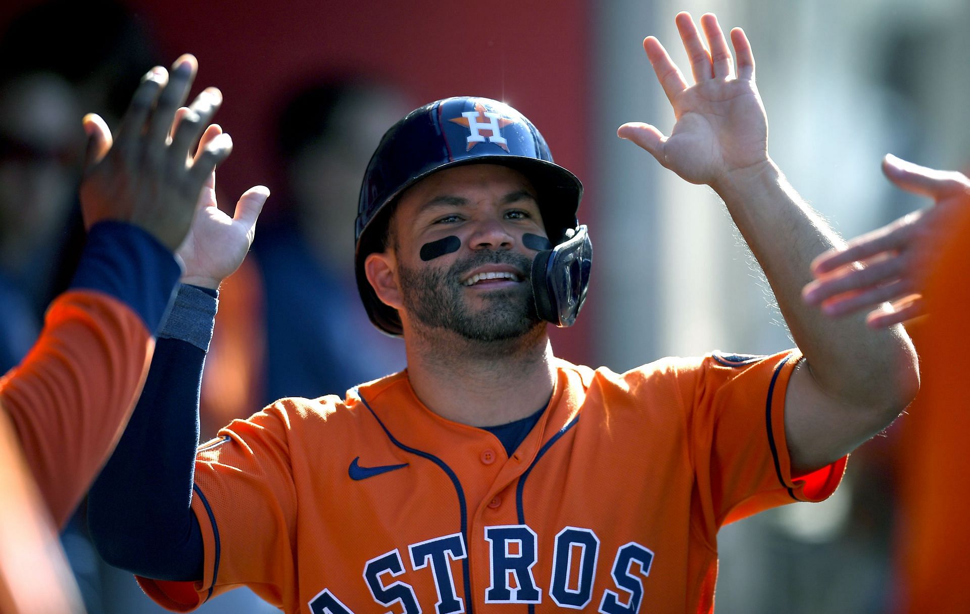 Jose Altuve celebrates during a MLB Houston Astros v Los Angeles Angels game earlier this season.