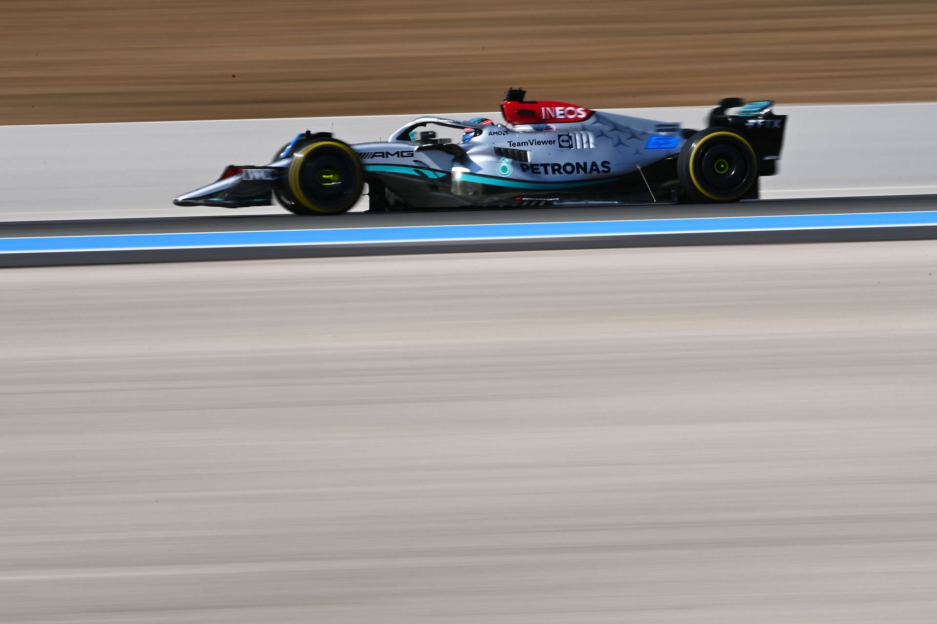 George Russell of Great Britain driving the (63) Mercedes AMG Petronas F1 Team W13 on track during practice ahead of the F1 Grand Prix of France at Circuit Paul Ricard on July 22, 2022 in Le Castellet, France. (Photo by Dan Mullan/Getty Images)