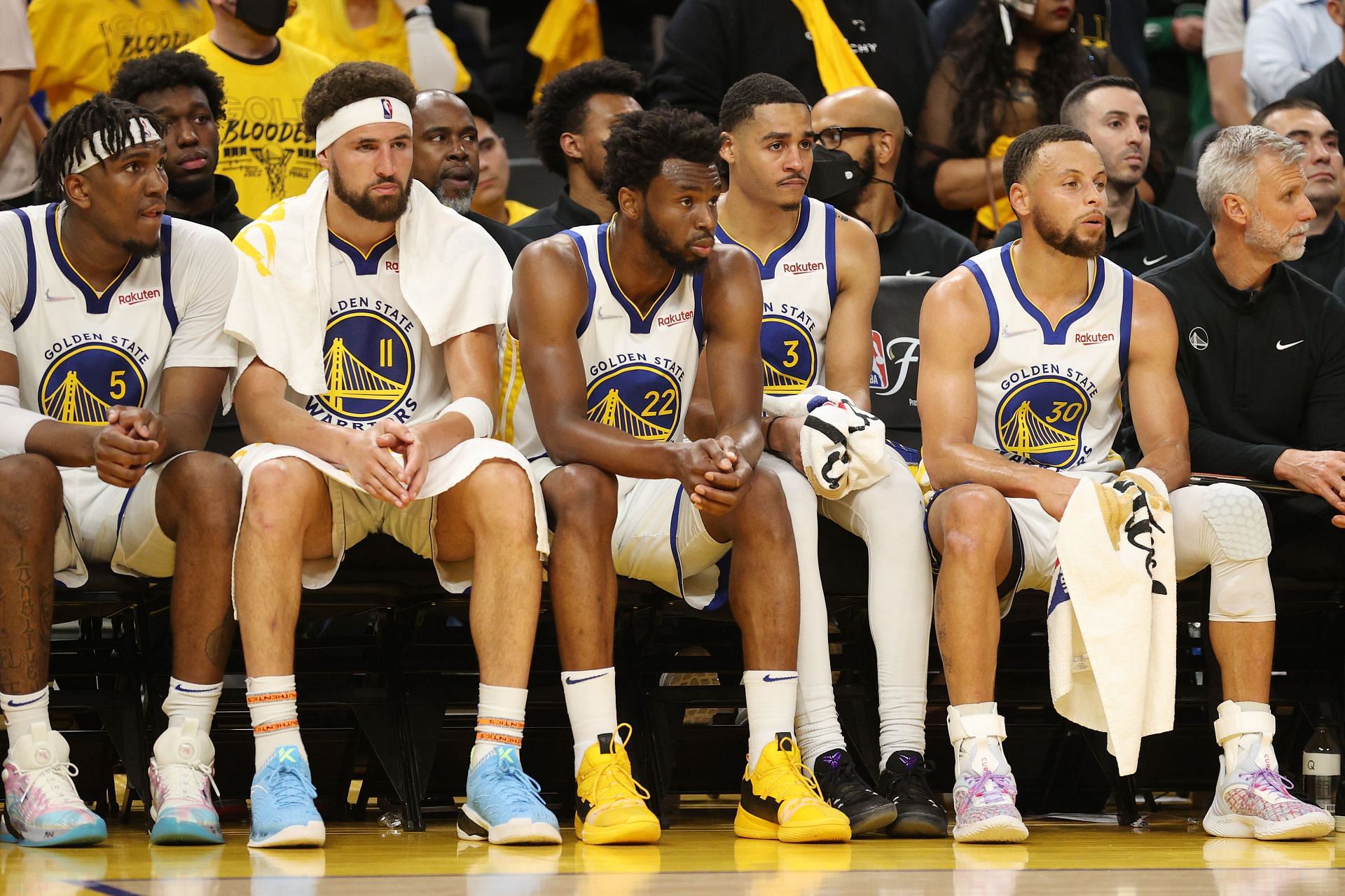 The Golden State Warriors&#039; bench during the 2022 NBA Finals