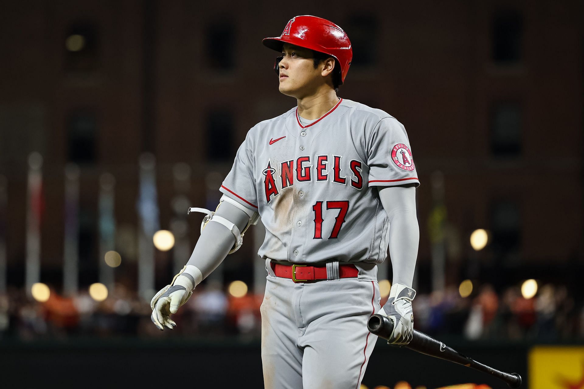 Shohei Ohtani walks back to the dugout during a Los Angeles Angels v Baltimore Orioles game.