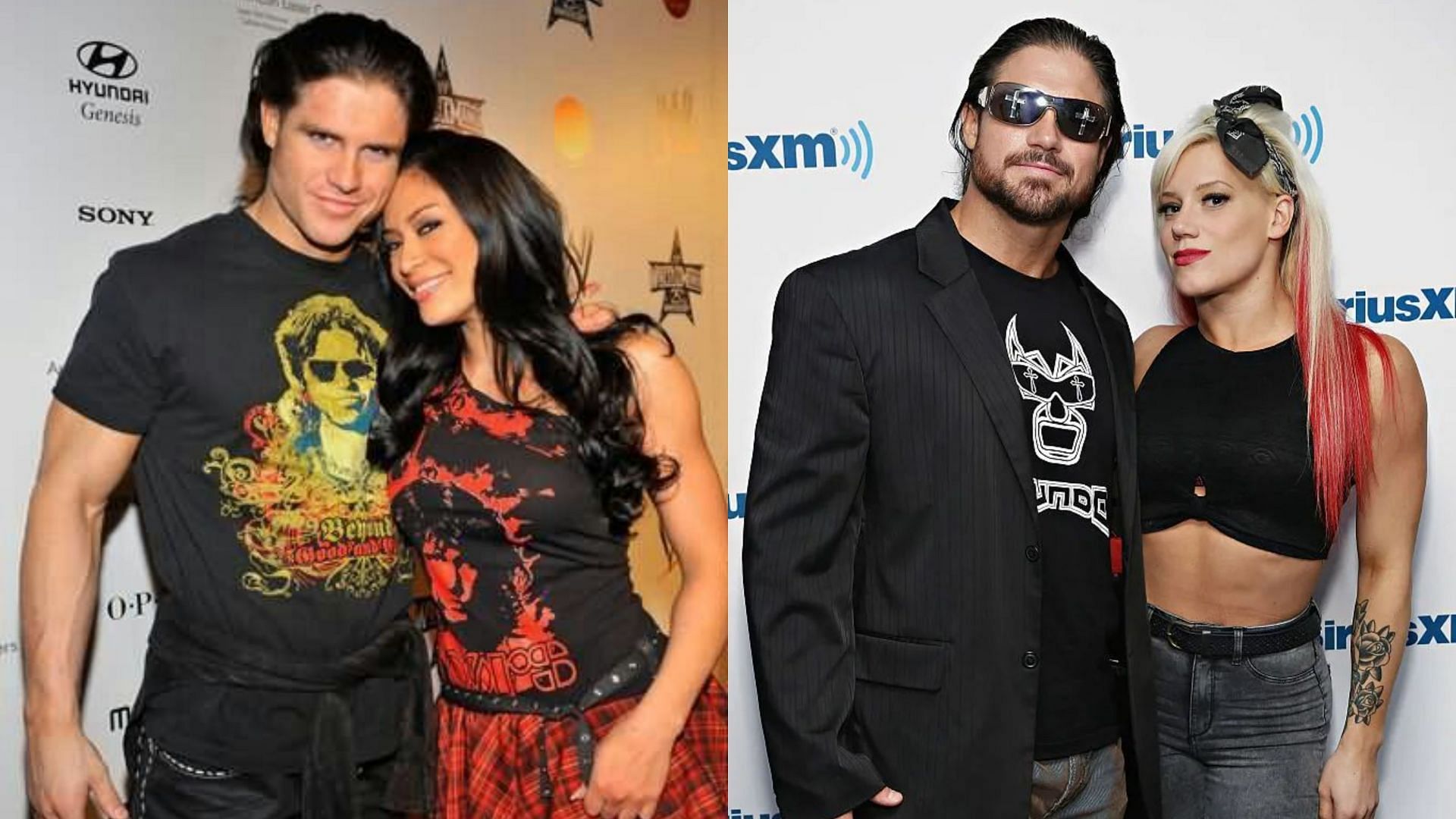 John Morrison with Melina (left) and his wife Taya Valkyrie (right)
