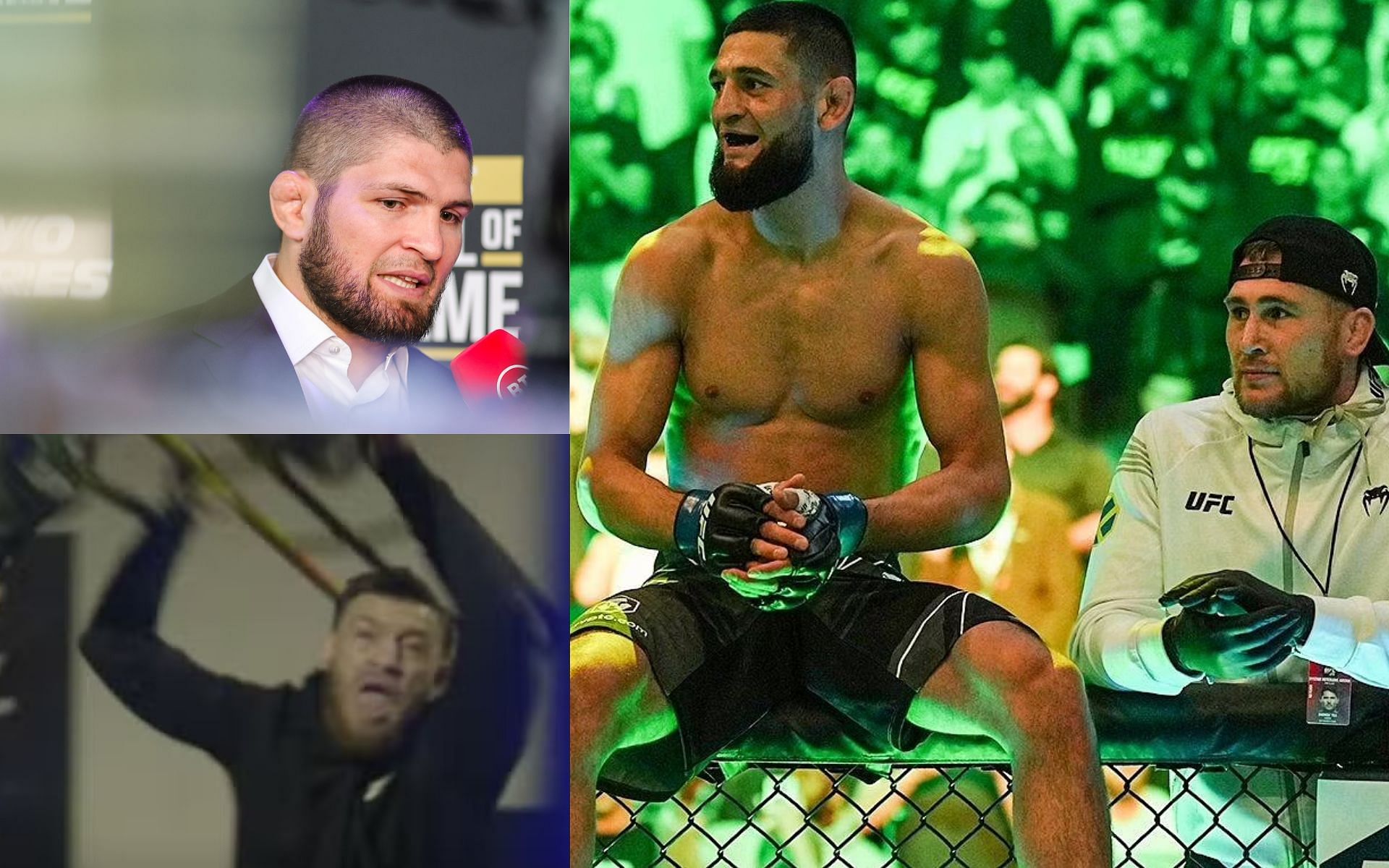 Khabib Nurmagomedov (top left), Conor McGregor (bottom left- via TMZ Sports), Khamzat Chimaev and Darren Till (right - via ESPN MMA)