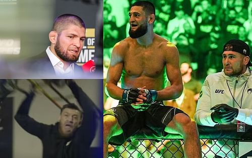 Khabib Nurmagomedov (top left), Conor McGregor (bottom left- via TMZ Sports), Khamzat Chimaev and Darren Till (right - via ESPN MMA)