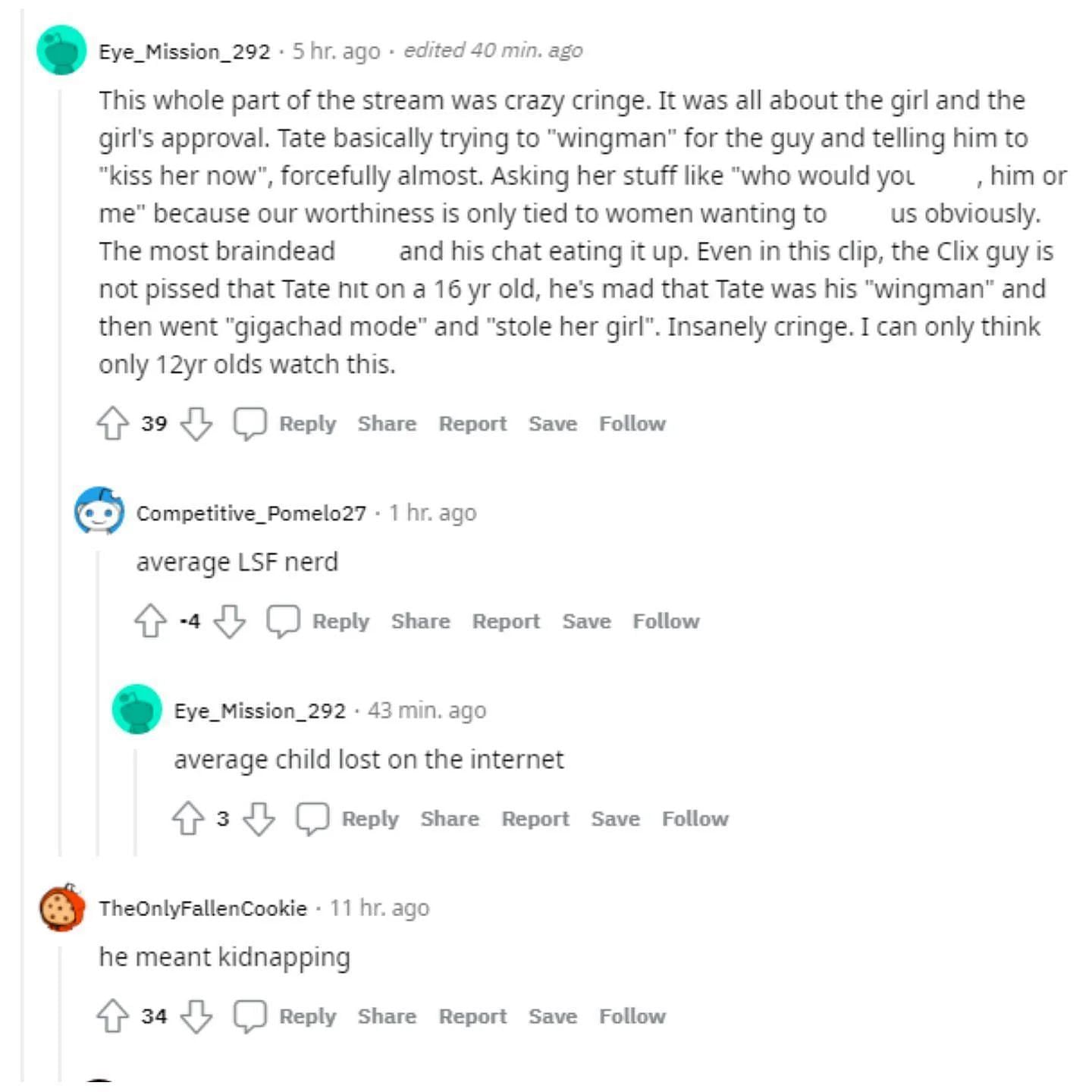 Redditors lambasting Tate for his comments (Image via LiveStreamFail/Reddit)