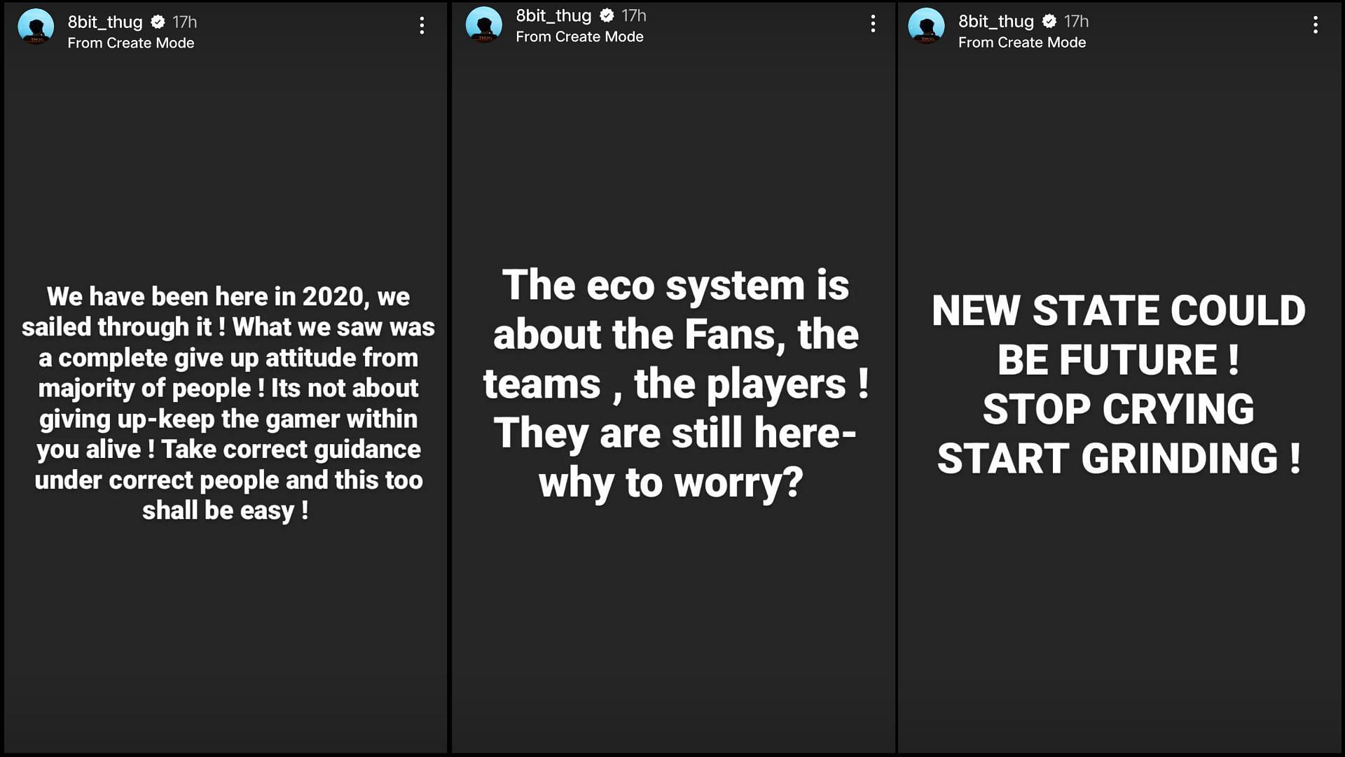 Thus&#039;s stories on BGMI&#039;s ban and New State Mobile being the future (Image via Instagram/@8bit_thug)