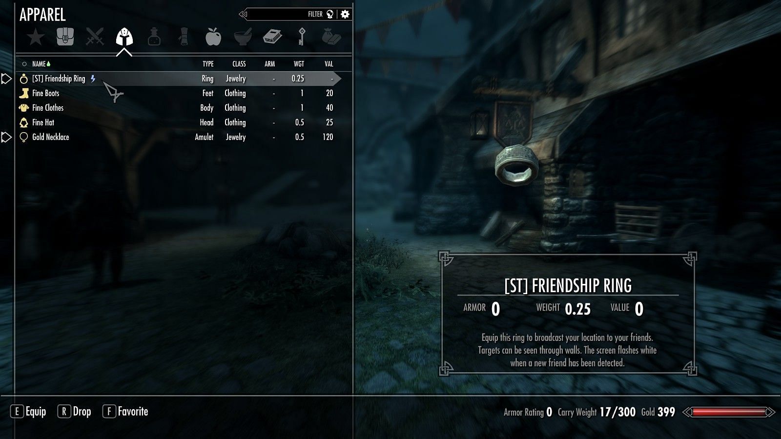 The friendly fire toggle can be accessed through this ring, automatically added to the inventory (Image via Nexusmods)